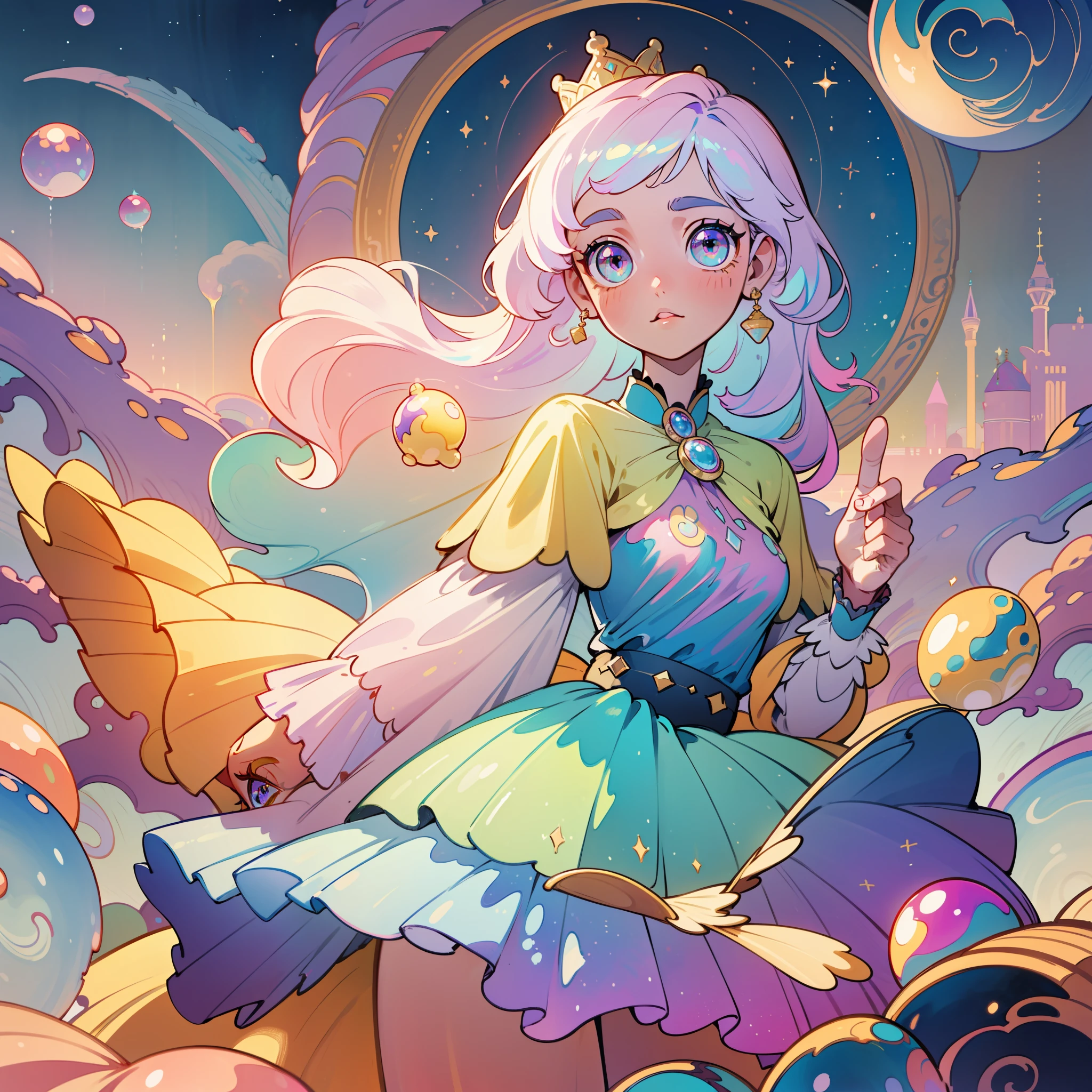 masterpiece, best quality, 8k resolution, sharp focus, intricate detail, beautiful girl, sparkling eyes, golden ratio face, otherworldly liquid, watercolor, pastel colors, bright colors, whimsical, colorful, sharp focus, high resolution, fine detail, princess layered ballgown, ((round eyes)), iridescent bubbles, castle landscape in background