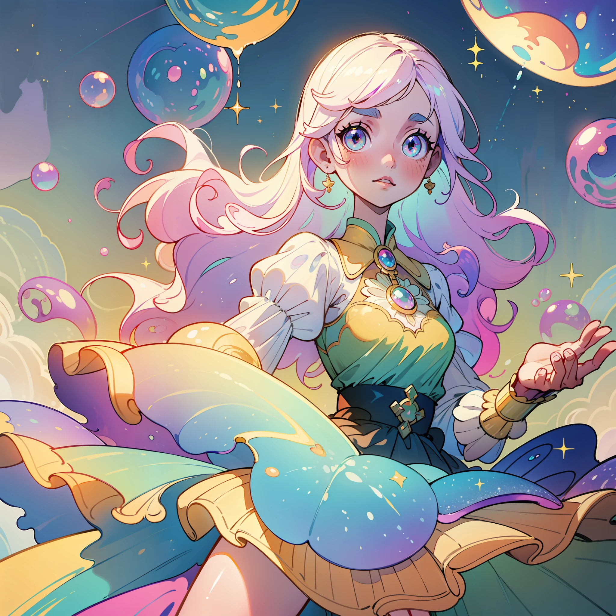 masterpiece, best quality, 8k resolution, sharp focus, intricate detail, beautiful girl, sparkling eyes, golden ratio face, otherworldly liquid, watercolor, pastel colors, bright colors, whimsical, colorful, sharp focus, high resolution, fine detail, princess layered ballgown, ((round eyes)), iridescent bubbles, castle landscape in background