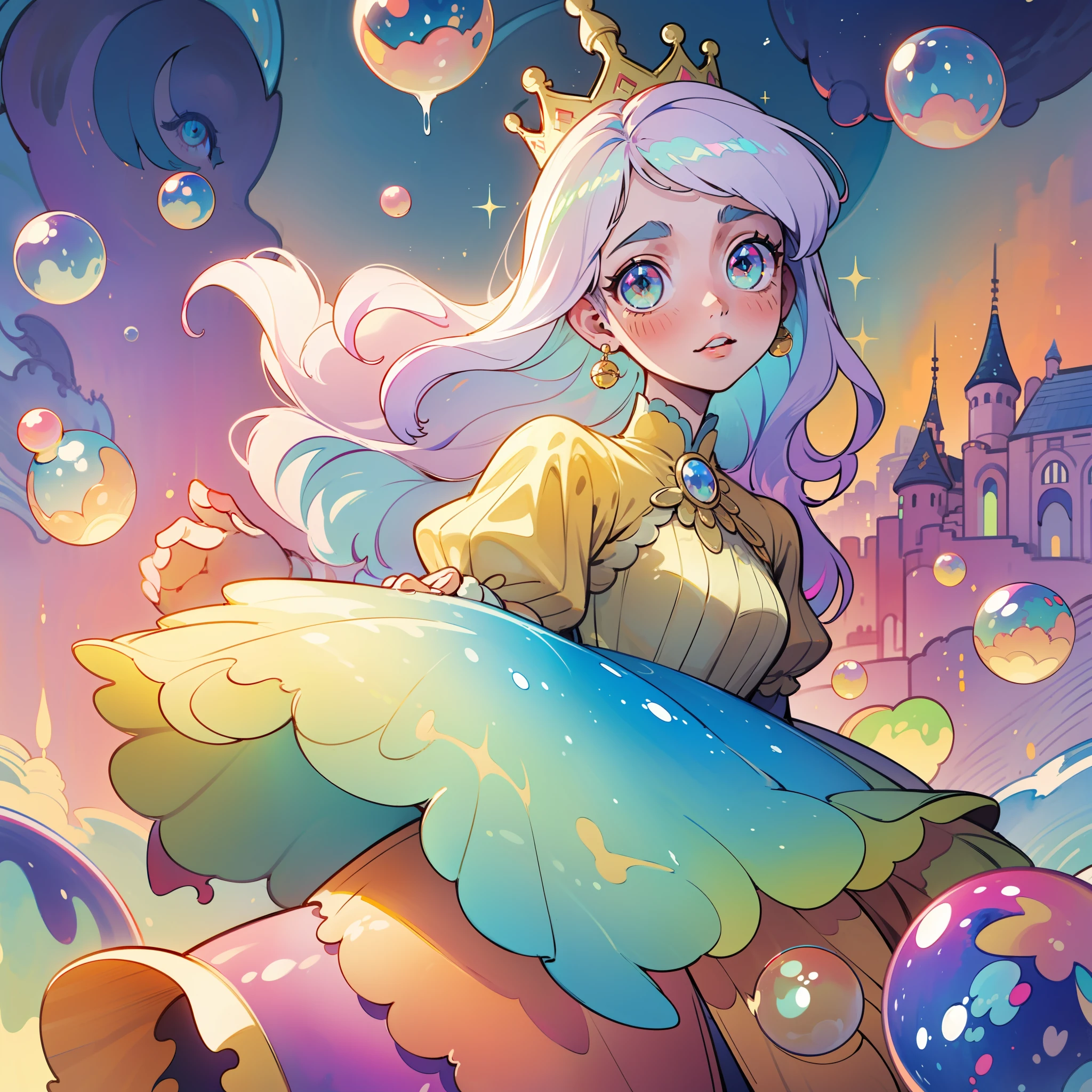 masterpiece, best quality, 8k resolution, sharp focus, intricate detail, beautiful girl, sparkling eyes, golden ratio face, otherworldly liquid, watercolor, pastel colors, bright colors, whimsical, colorful, sharp focus, high resolution, fine detail, princess layered ballgown, ((round eyes)), iridescent bubbles, castle landscape in background