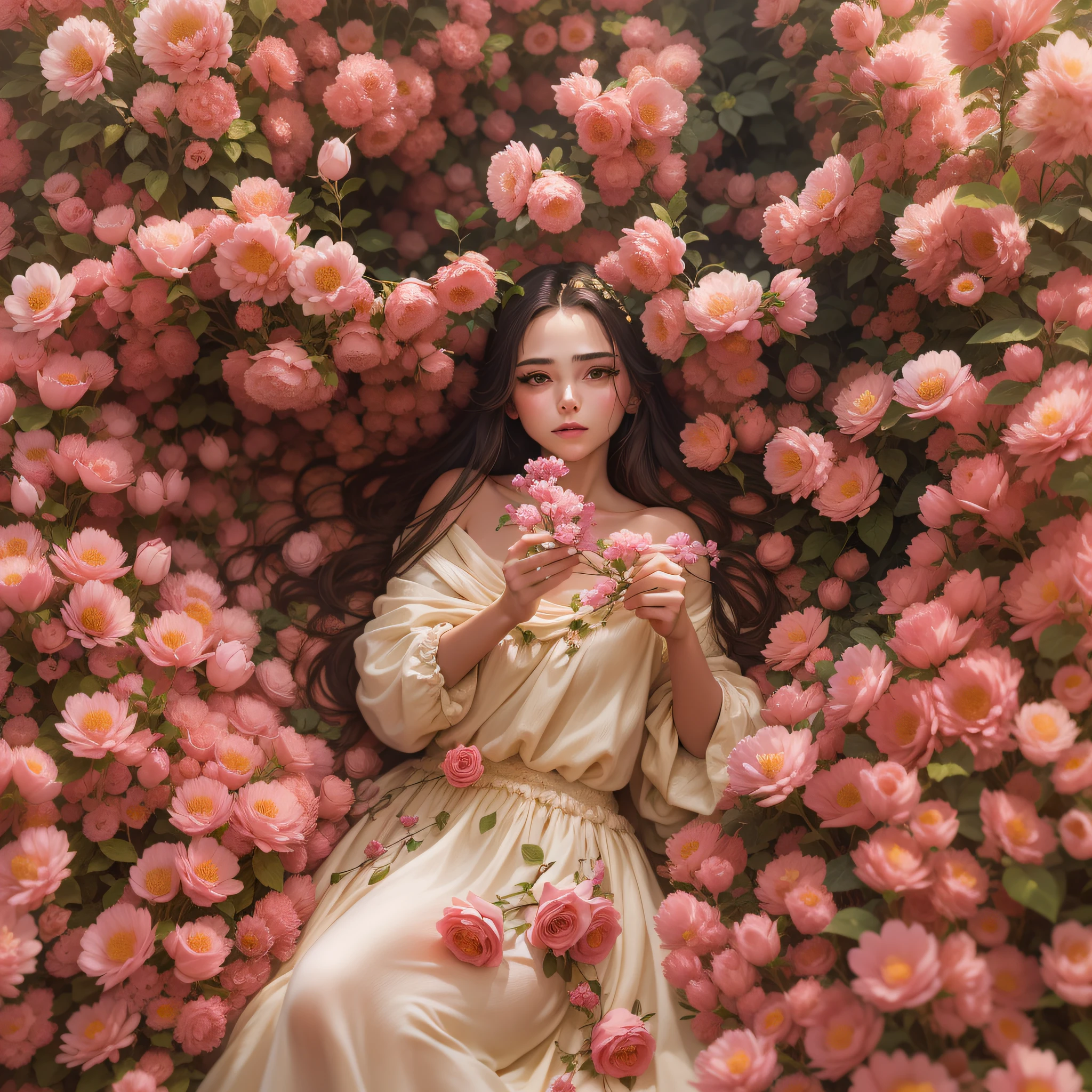 Visualize uma mulher como uma deusa das cerejeiras, vestida com roupas inspiradas nas cerejeiras, em meio a um pitoresco jardim de cerejeiras. Os tons suaves de rosa das flores complementam sua roupa, criando uma cena encantadora e sonhadora.