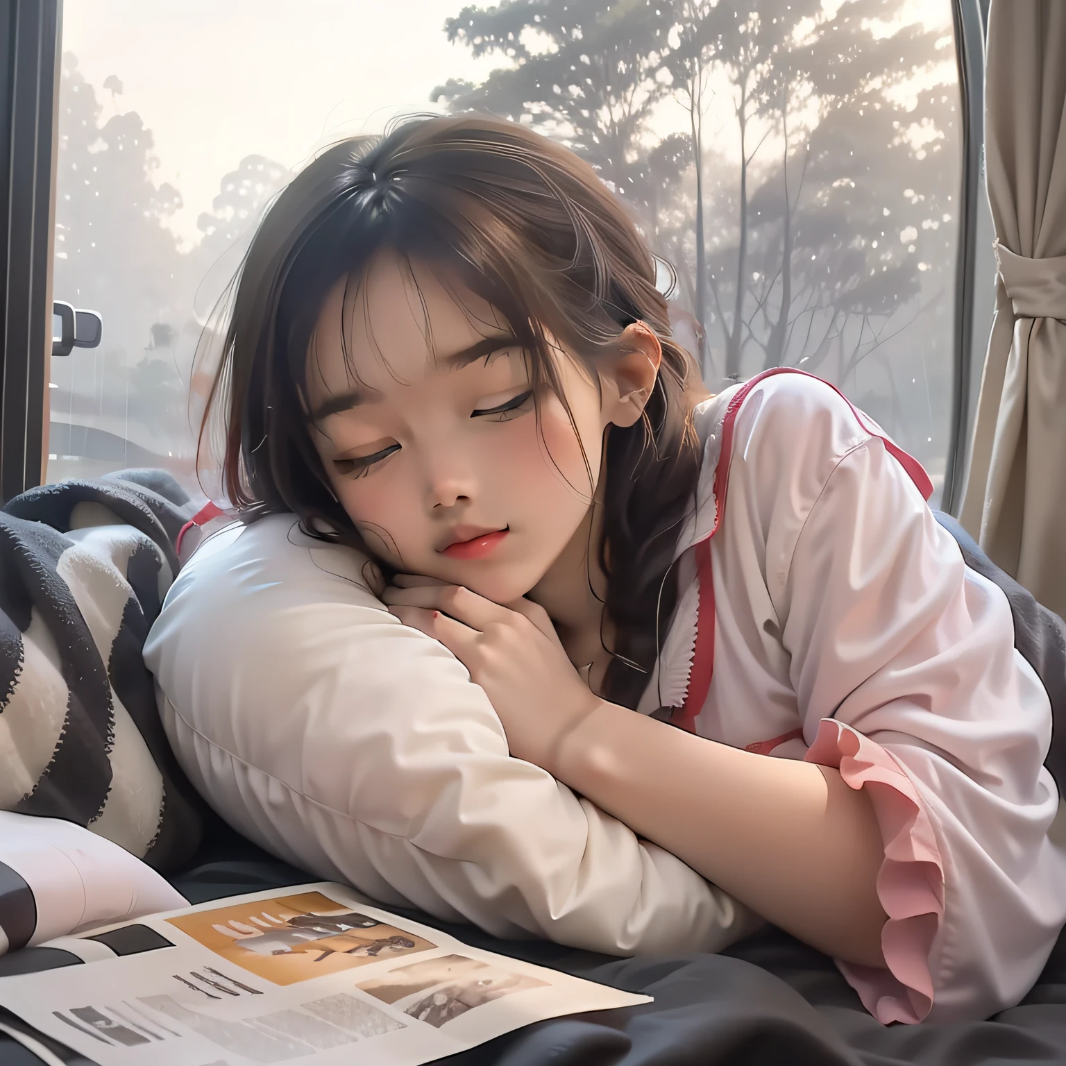 the night,A young girl sleeps,white bed sheet,Forest outside the window,rained,highest details,