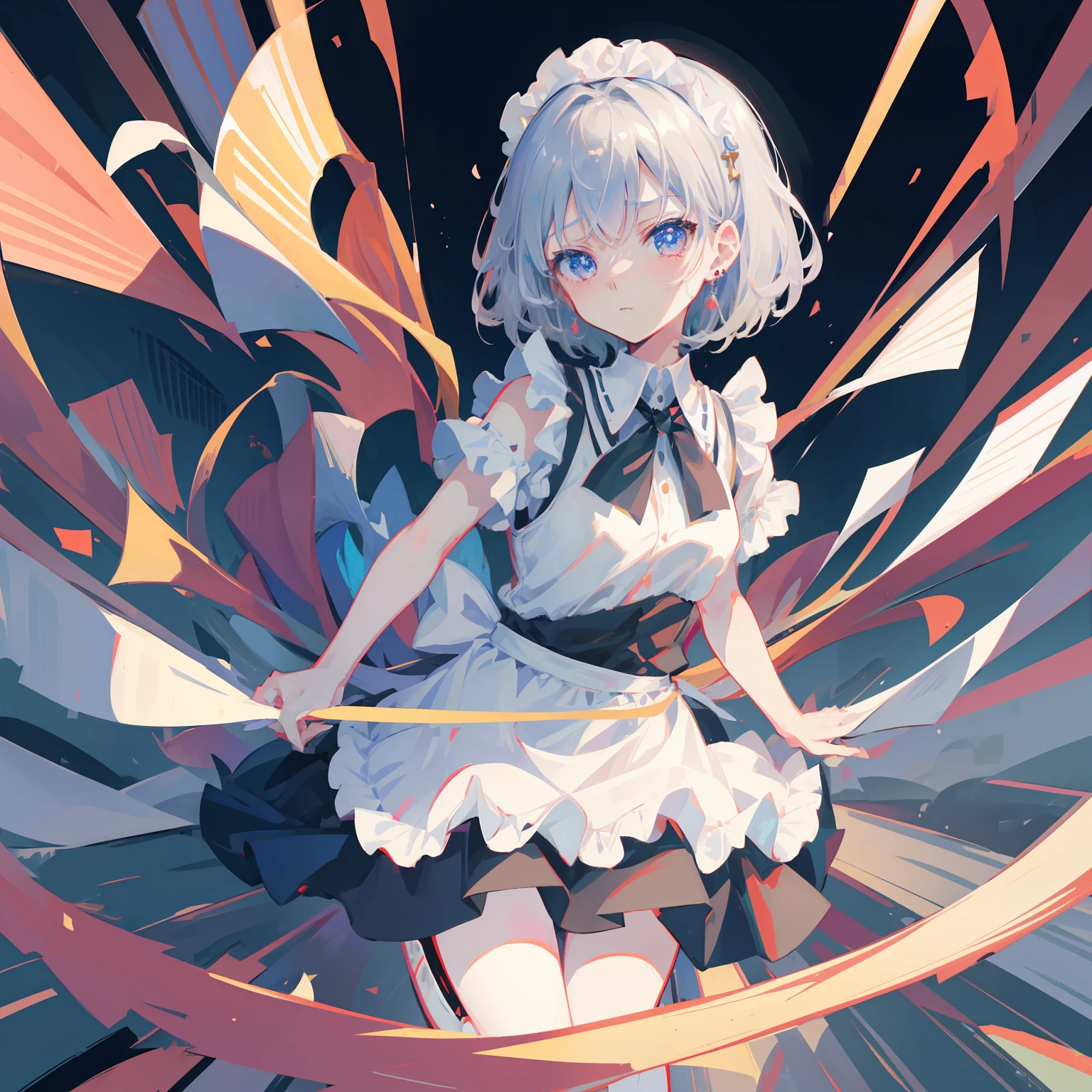 masutepiece, Fine detail, 4K, 8K, 12K, Solo, Solo, Beautiful Girl, short-hair、caucasian female, Sixteen Nights, Chibi,maid clothes、 Angry face、silber hair、White background