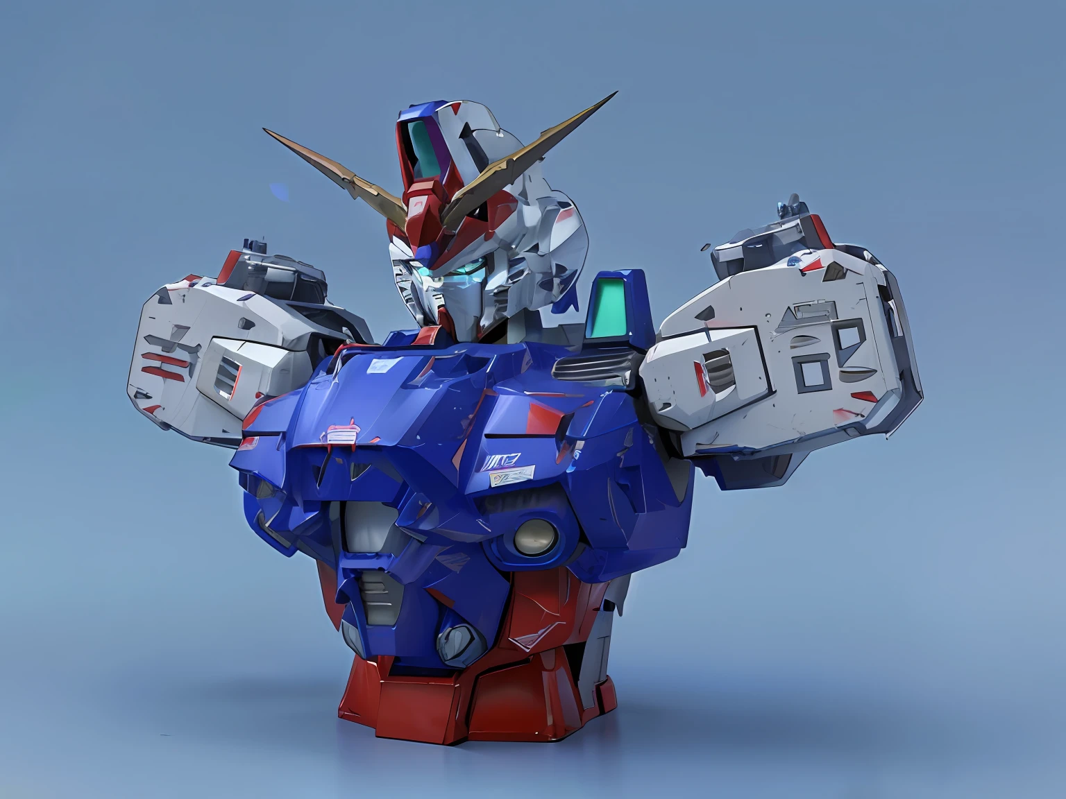 Close-up of robot with blue and red body, Gundam Robot, gundam head, gundam is windmill shaped, gundam, Extreme Gundam, gundam style, Gundam armor, Mobile Suit, action figure mecha, tremendous mecha robot, GUNPLA, cool mecha style, anime robots, japanese mecha, highly detailed toy, Rendered in redshift, Mecha suit