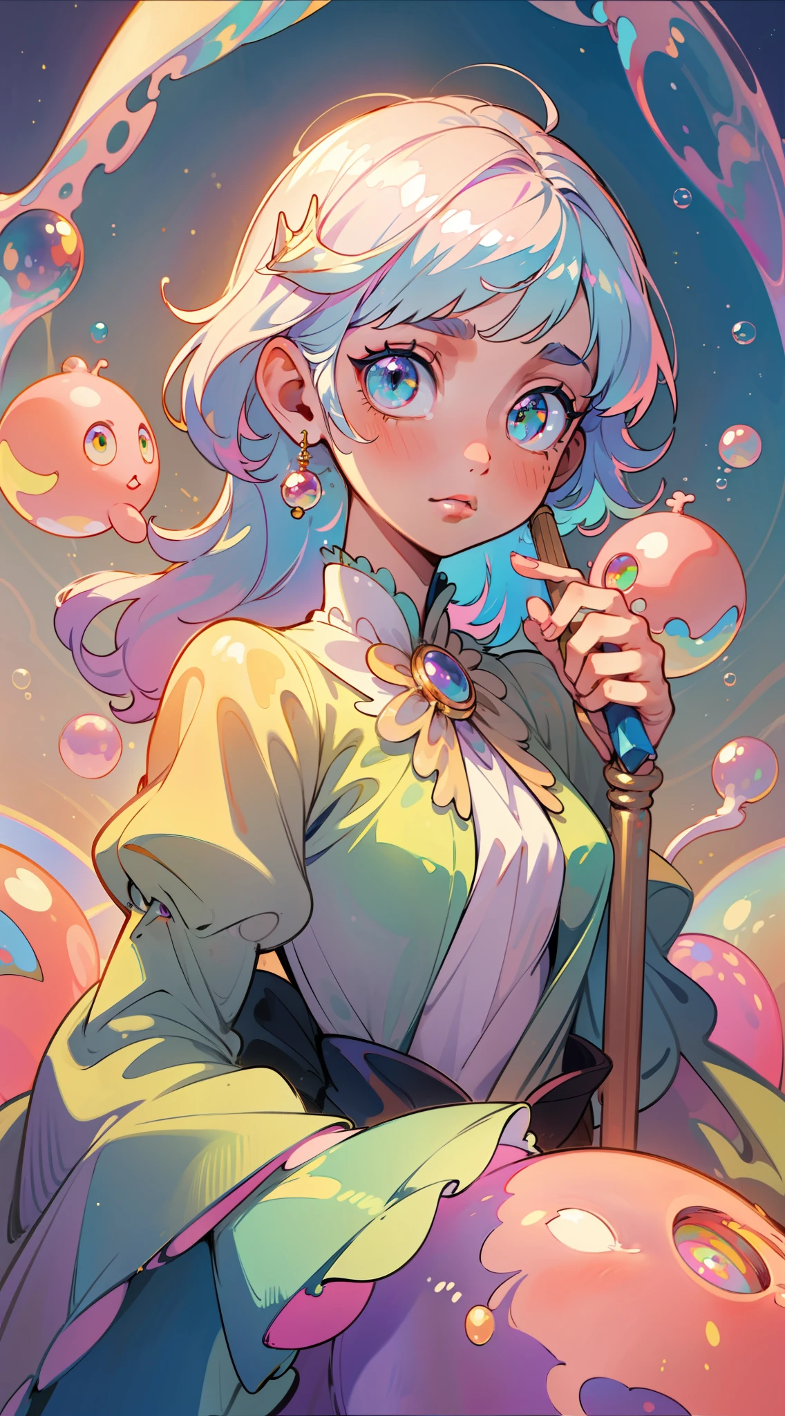 masterpiece, best quality, 8k resolution, sharp focus, intricate detail, beautiful girl, sparkling eyes, golden ratio face, otherworldly liquid, watercolor, pastel colors, bright colors, whimsical, colorful, sharp focus, high resolution, fine detail, princess layered ballgown, ((round eyes)), iridescent bubbles, magical