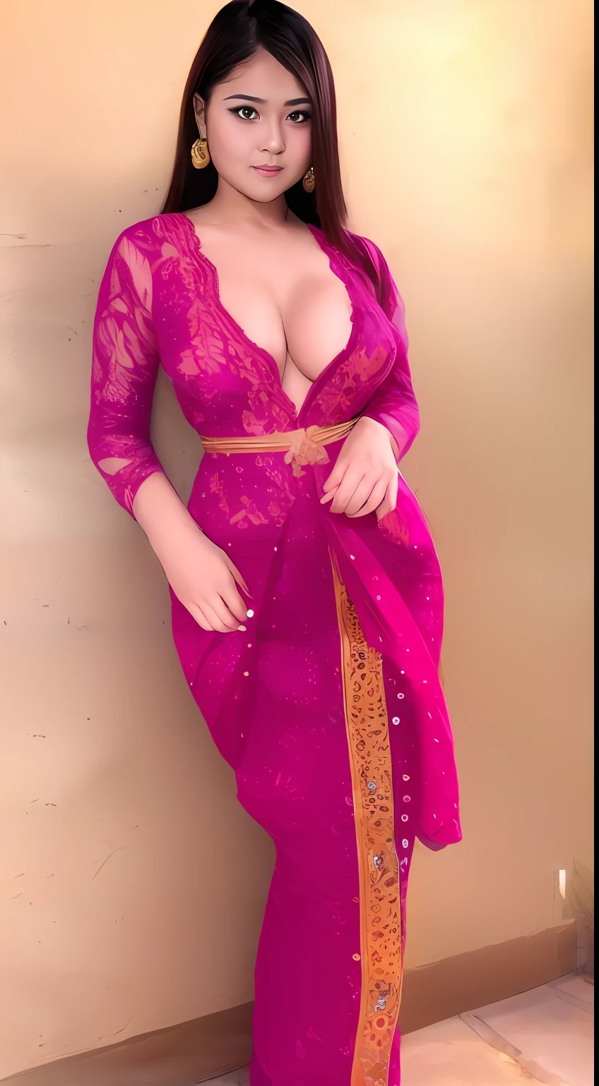 1girl, solo, shiny skin, kebaya_bali, , highly detailed, ultra-detailed, ultra high res, full body, (photorealistic:1.4), (best quality), (best shadow), ulzzang-6500, detailed, perfect lighting, black hair, long hair, (large breasts