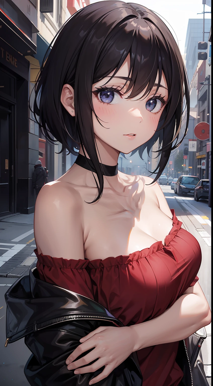 one-girl，****** breast，cleavage，Bust photo，looks into camera，sportrait，with short black hair，Be red in the face，Off-the-shoulder attire，City streets