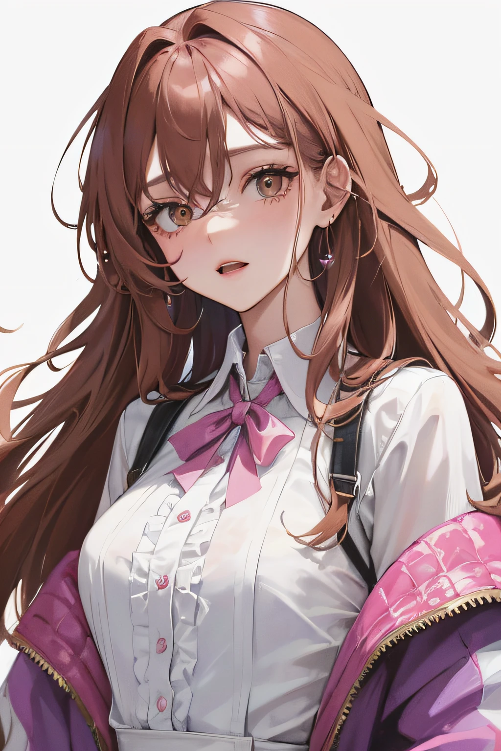 (Highest resolution, distinct_image) Best quality, A masterpiece of women, Highly detailed, ),Pink Long Hair, bangs, 18 years old, Young,Pink-purple flight suit,stand-up collared shirt,trouser,sharpy face,(Brown eyes, hair between eye), Fluorescent long coating (Broken glass),((White background)),Cold, ,(Standing painting),(Exquisite facial features, Exquisite facial features)The upper part of the body，Strap lace