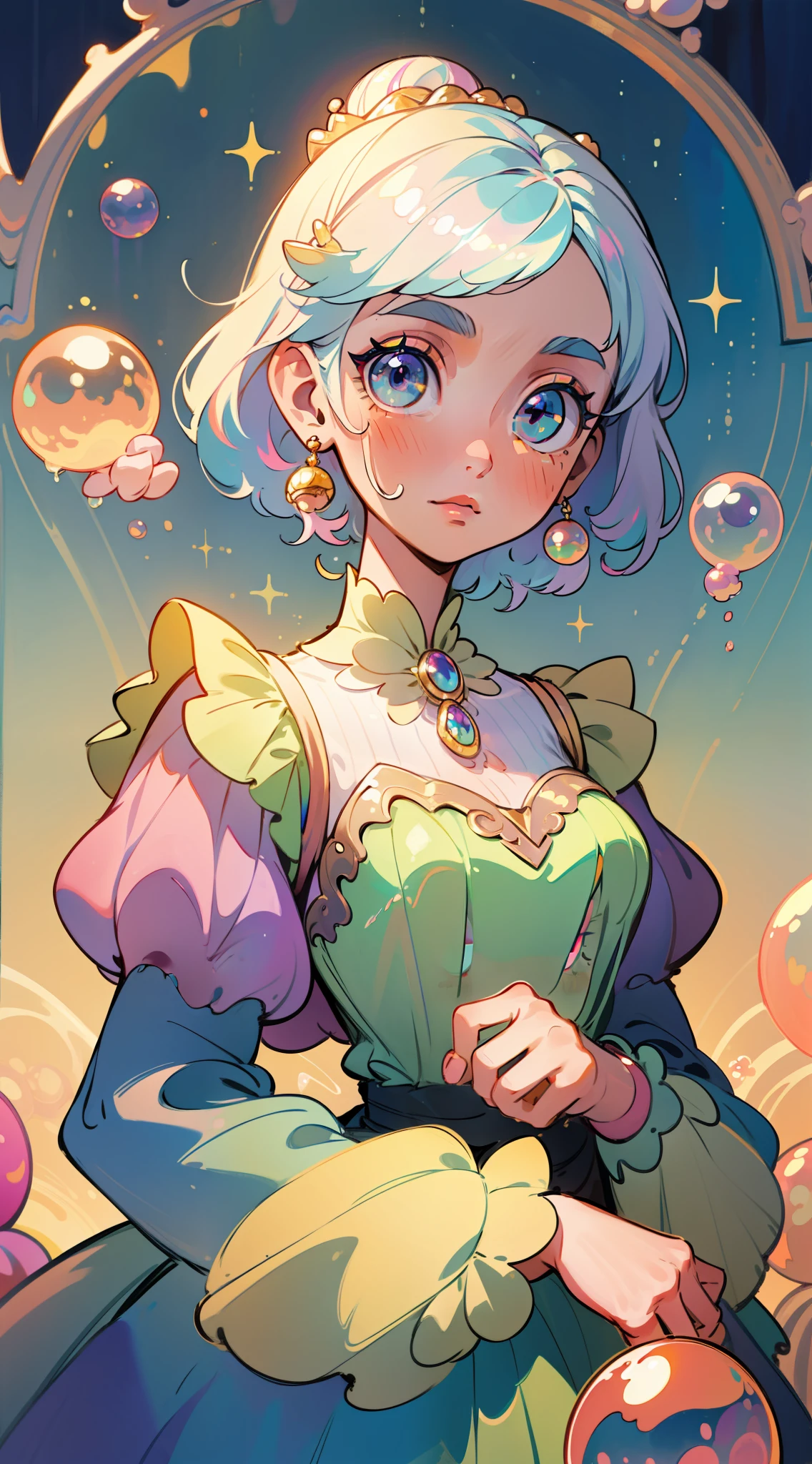 masterpiece, best quality, 8k resolution, sharp focus, intricate detail, beautiful girl, sparkling eyes, golden ratio face, otherworldly liquid, watercolor, pastel colors, bright colors, whimsical, colorful, sharp focus, high resolution, fine detail, princess layered ballgown, ((round eyes)), iridescent bubbles, magical
