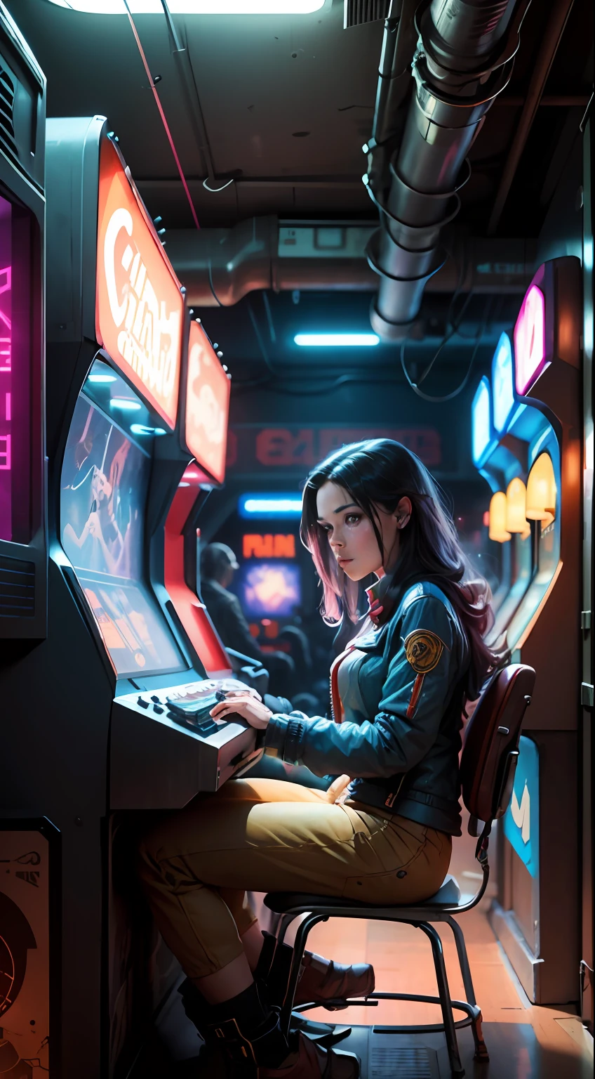 A retrofuturism scene of an arcade wired mess on online arcade game, 1girl, og technology, mechanical delay, wiring components, ultrago austin metal wiring, iris van Buren, Karol Bak, Kiichi Obituary by Beksinski, david falls fanart gadget machine