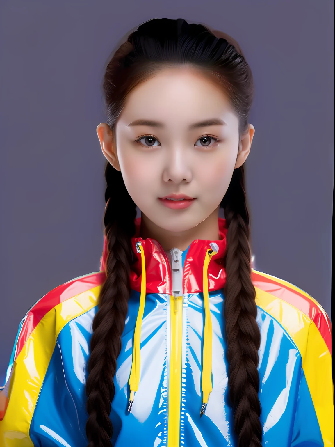 A Chinese 17-year-old high school girl,Wear a brightly colored PVC sweatshirt,Light gray solid background