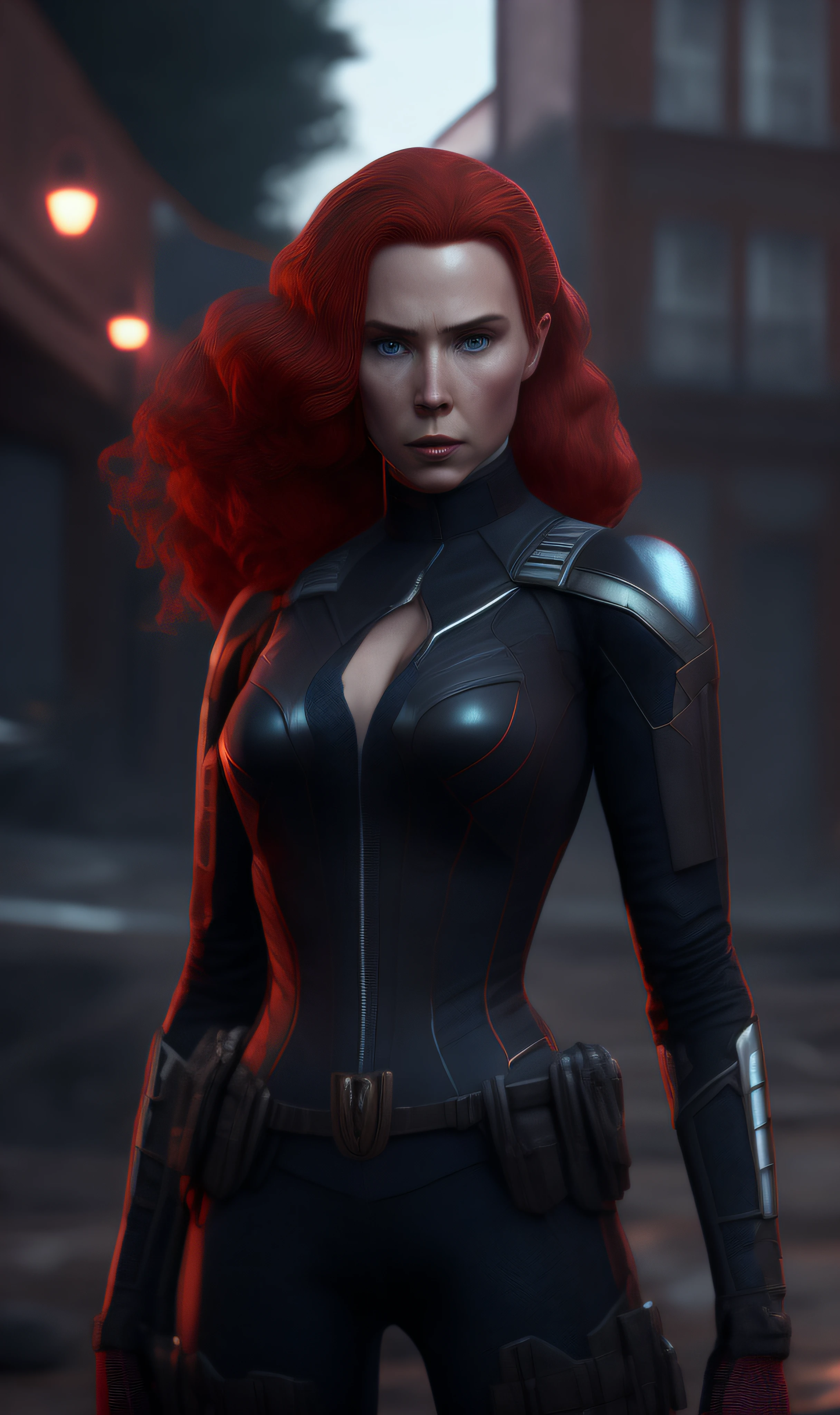 Photo of Marvel's Black Widow played by Scarlett standing outside town 17, Sateen, RTX, octanerender, unreality