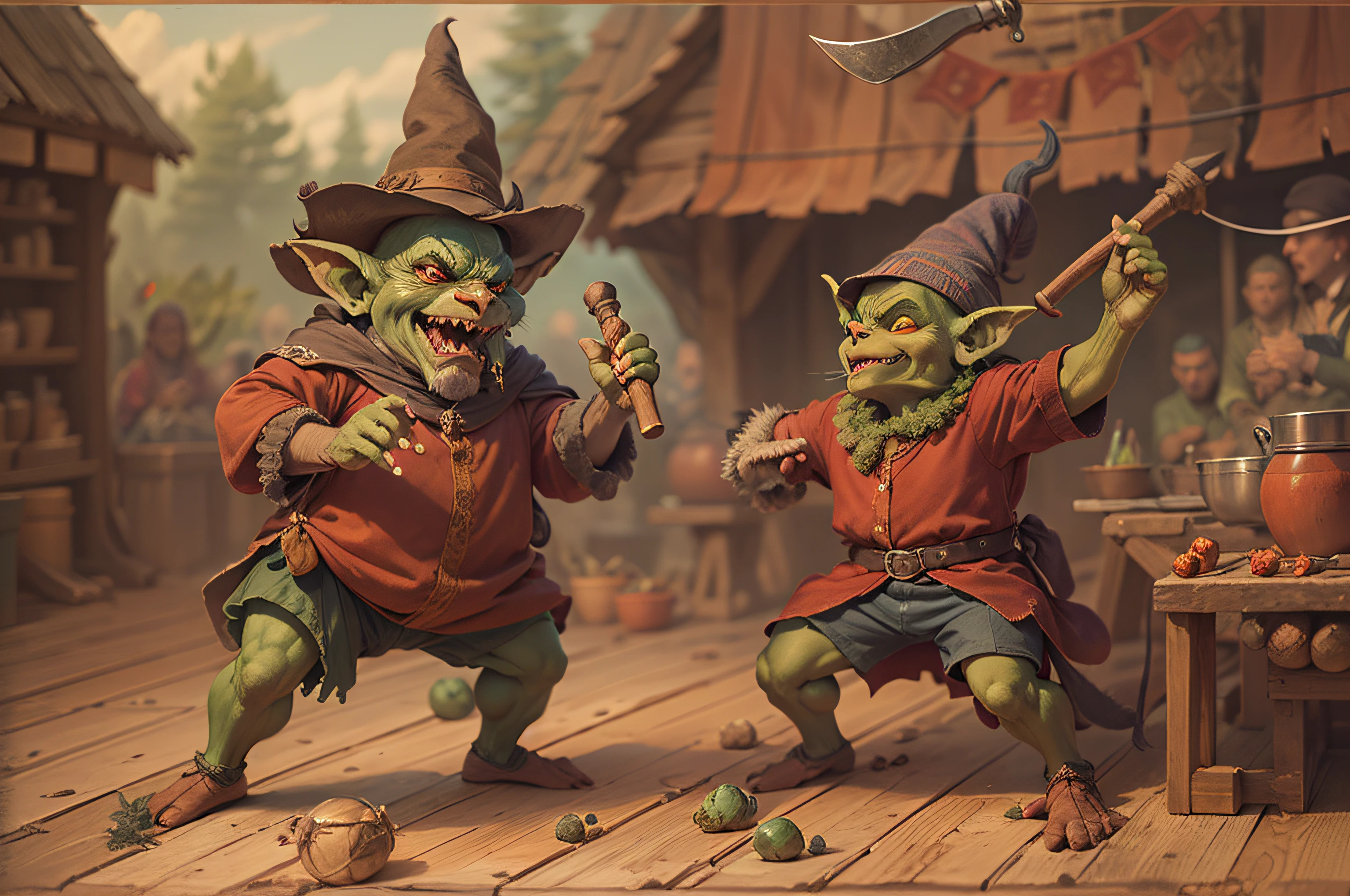 two juggling goblins using hand axes performing on a tavern stage