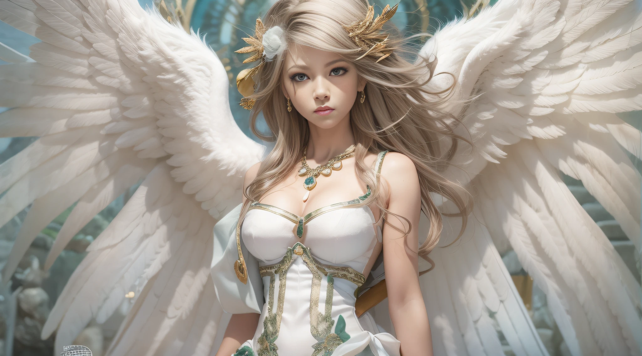 uma mulher com cabelos brancos e asas de anjo em um vestido branco, 8 K, inspirado em Masamune Shirow, ****** bonita do anjo do ciborgue, tall female angel, Anjo majestoso de corpo inteiro, global illumination, pintura digital, Masamune Shirow art style