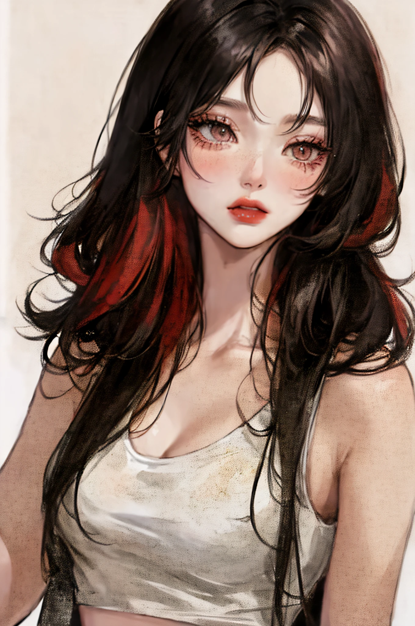 anime-style, illustration, watching from a distance, black hair, watercolor, one-hong makeup, chaiborg, simple background, one girl, black hair, (Super Straight Hair 1.8)))), no bangs, looking at the camera, facing forward, beautiful face, white skin, glossy skin, long and bunched lashes, eyeliner 1.6, red lip, thick lip, blush under the eyes, red head of nose, tank top