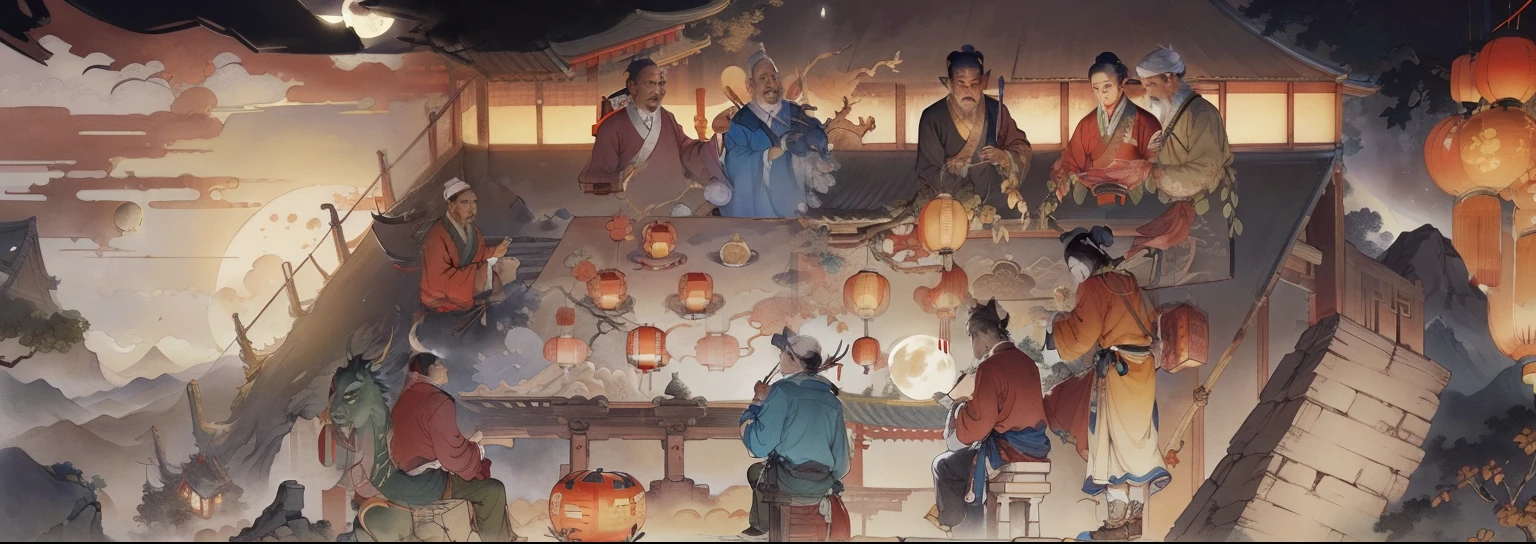 Ancient Chinese landscapes，Ancient buildings，Pavilions，Carved beams and paintings，enchanting scenery，Night，Moon light，Layered, Rich light and shadow,Mid-Autumn Festival, Ink painting style，clean color，Low-saturation colors，Colors of low brightness，Decisive cut，Leave white space，impressionistic，tmasterpiece，ultra - detailed，Epic composition,  HighestQuali，hyper realisitc，Art germ --v 6
