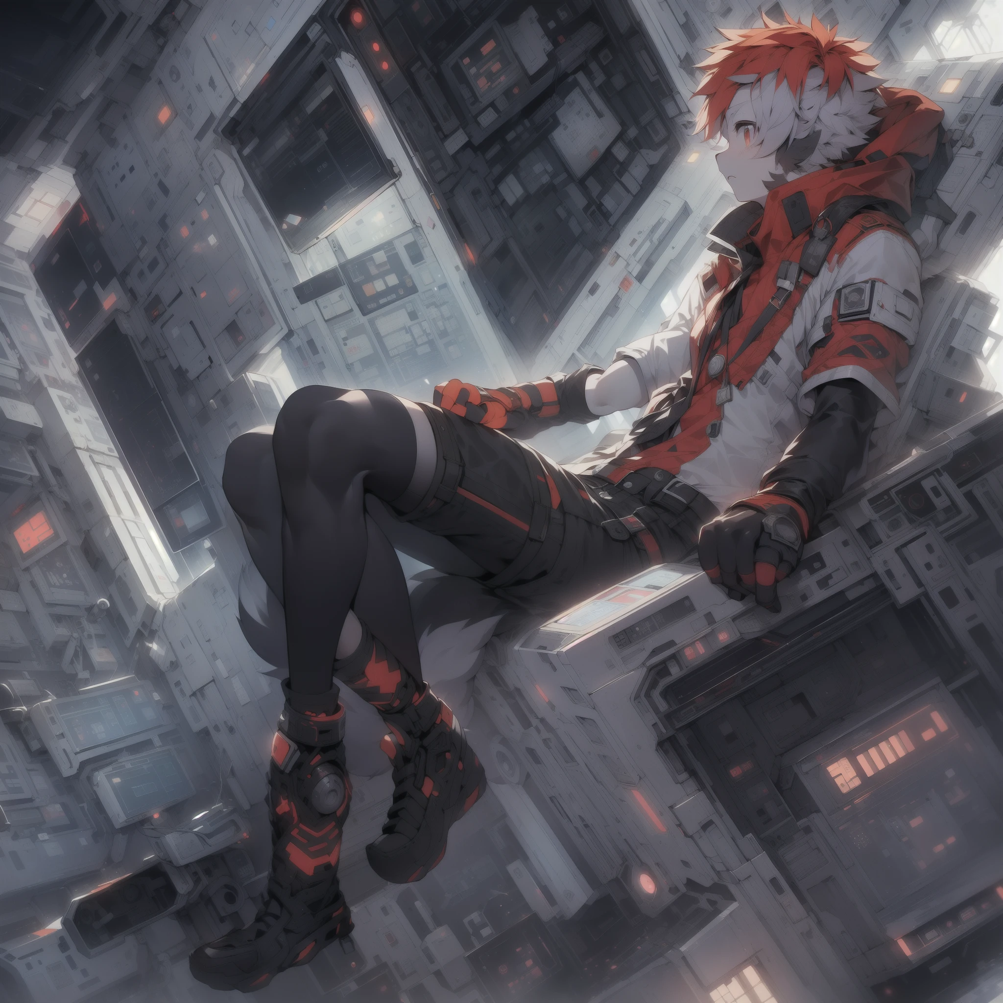 "There is a wolf on the space station，(Red and white hair)，(((Shota)))，Black  shorts，((((black over-the-knee socks))))，((Extreme light and shadow))，light particules，Reflective skin，(Smooth skin)，((Soft skin))，(((Black fingerless long gloves)))。"