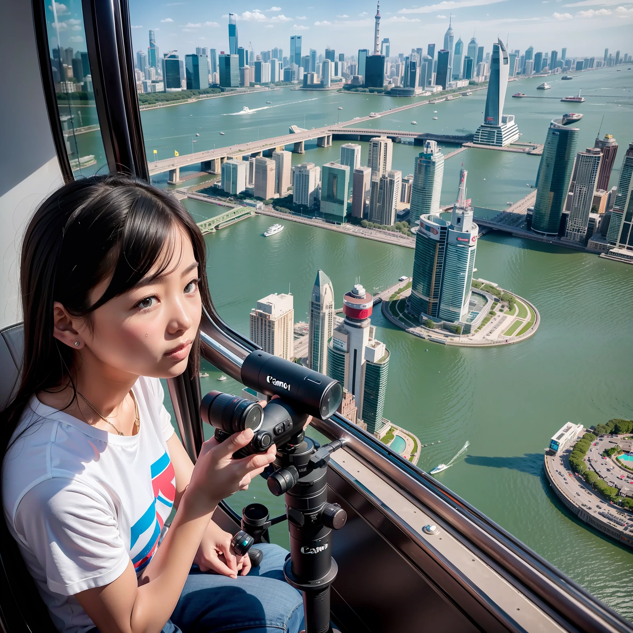 Overlooking the whole family，Canon shooting，15 year old girl on a 15m helicopter，See the Bund with a telescope