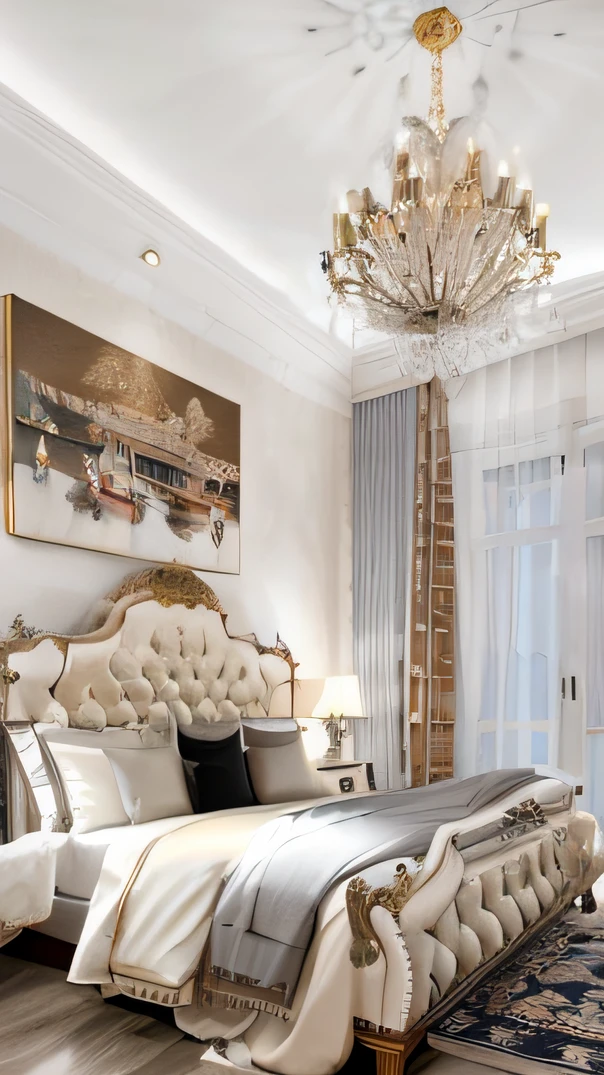 Arafeld bedroom with chandelier and bed with white bedspread, luxury hd render, Neoclassical style, neo - classical style, Bed room, neo - classical, neo-classical, elegant and refined painting, high quality rendering, cream - colored room, neoclassicism style, elegant and refined, Exquisite rendering, hyper realistic rendering, Bedroom interior
