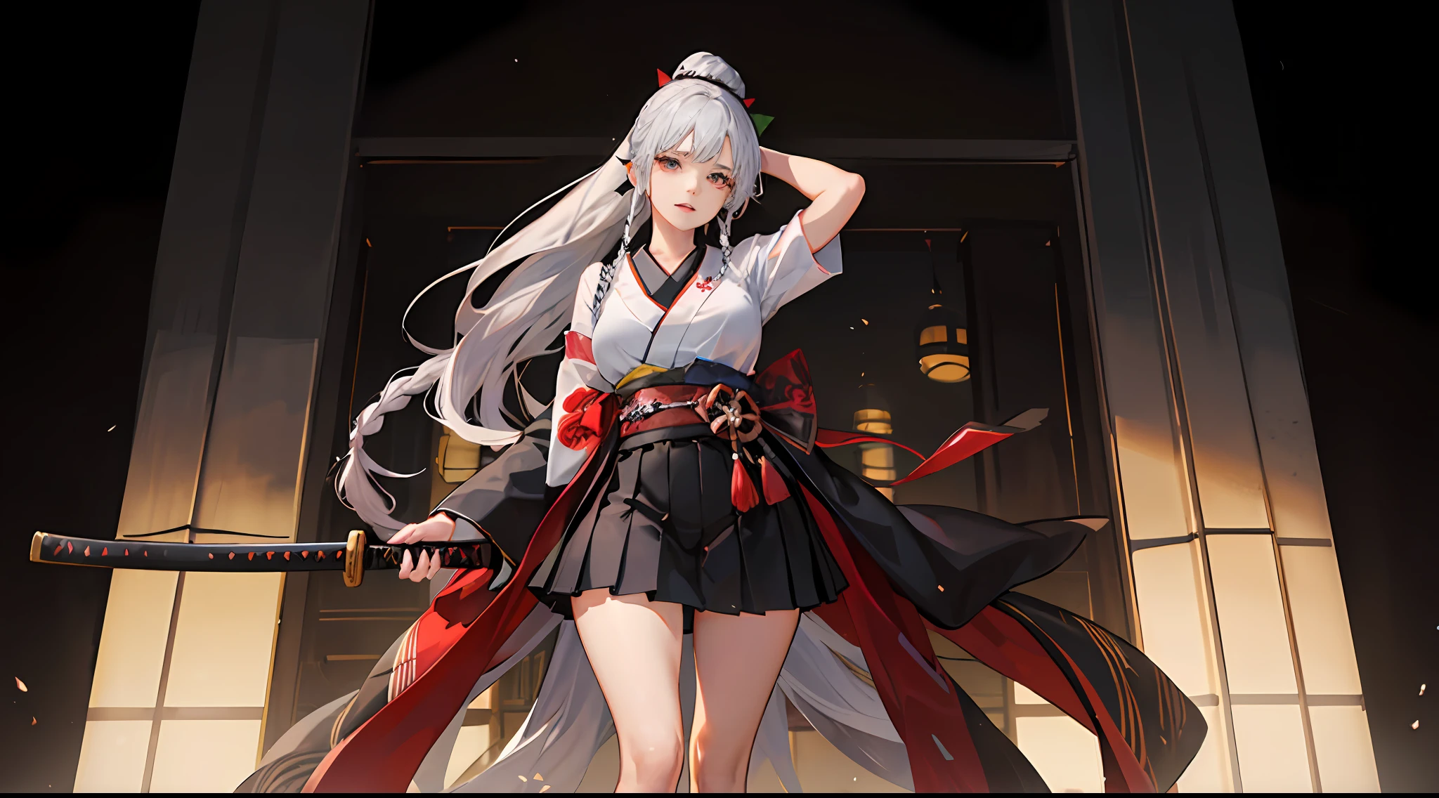 1个Giant Breast Girl!Ray traching,Best shadow,Highest high resolution(dim murky lights)of silver hair,plump and slender girl,With a high ponytail,( (Girl wears white shirt,Black wrinkled skirt,Wear it with a black pleated skirt))It shows a delicate and slender figure and beautiful curves,Limbs with correct and reasonable position!hand behind head,The fingers are slender and slender!Stand dignified,,Holding a Japanese katana,Blackn clothes,tiese,Hands behind your back,hair over shoulders, Silver hair, Braided bun, braidedponytail , High ponytail, bow hair band,Hair is particularly long,a matural female