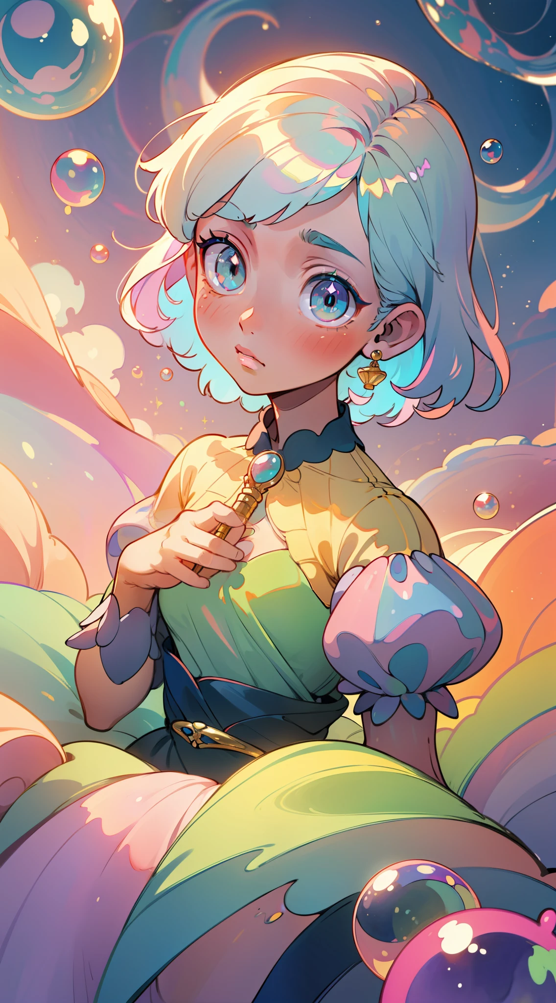 masterpiece, best quality, 8k resolution, sharp focus, intricate detail, beautiful girl, sparkling eyes, golden ratio face, otherworldly liquid, watercolor, pastel colors, bright colors, whimsical, colorful, sharp focus, high resolution, fine detail, princess layered ballgown, ((round eyes)), iridescent bubbles, magical