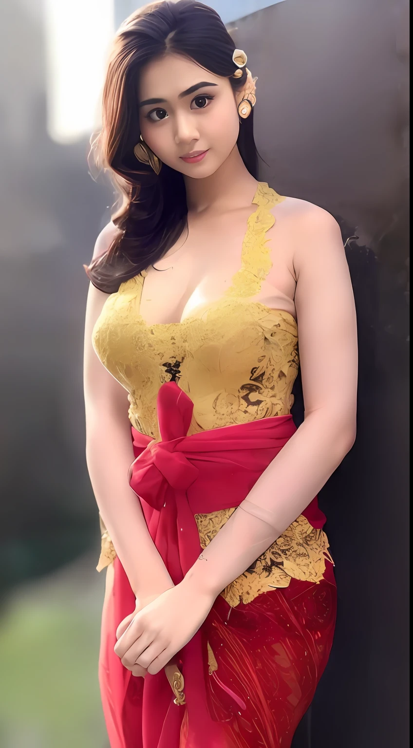 1girl, solo, shiny skin, kebaya_bali, breasts, highly detailed, ultra-detailed, ultra high res, full body, (photorealistic:1.4), (best quality), (best shadow), ulzzang-6500, detailed, perfect lighting, black hair, long hair, (large breasts:1.3),