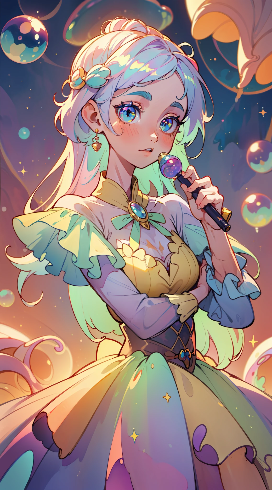 masterpiece, best quality, 8k resolution, sharp focus, intricate detail, beautiful girl, sparkling eyes, golden ratio face, otherworldly liquid, watercolor, pastel colors, bright colors, whimsical, colorful, sharp focus, high resolution, fine detail, princess layered ballgown, ((round eyes)), iridescent bubbles, magical