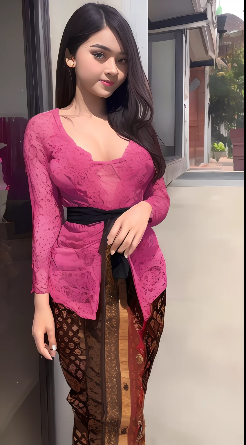 1girl, solo, shiny skin, kebaya_bali, breasts, highly detailed, ultra-detailed, ultra high res, full body, (photorealistic:1.4), (best quality), (best shadow), ulzzang-6500, detailed, perfect lighting, black hair, long hair, (large breasts:1.3),