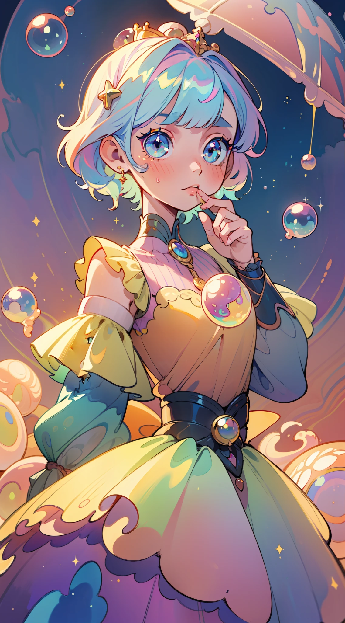 masterpiece, best quality, 8k resolution, sharp focus, intricate detail, beautiful girl, sparkling eyes, golden ratio face, otherworldly liquid, watercolor, pastel colors, bright colors, whimsical, colorful, sharp focus, high resolution, fine detail, princess layered ballgown, ((round eyes)), iridescent bubbles, magical