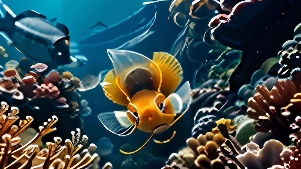 ((Underwater, Closed_Eyes, In_container, stasis_tanks)), ((High quality:1.2, Master:1.2)), absurderes, high resolution,(8K resolution), 8K, 8kres, 8K real, High details, Verbose and licensed, International high detail，highly intricate detail，absurd details，Hyper-Resolution，hyper HD，megapixel，vfx，FXAA，TXAA，RTX，SSAO，Shaders，denoised，Denoising，cel shading，Tone-mapping，Environmental occlusion，rays of moonlight，Depth - fc,Deep under the sea，A dazzling golden light flashed from a distance，Quickly approaching the jellyfish。The little jellyfish stared warily，It turned out to be a golden clownfish