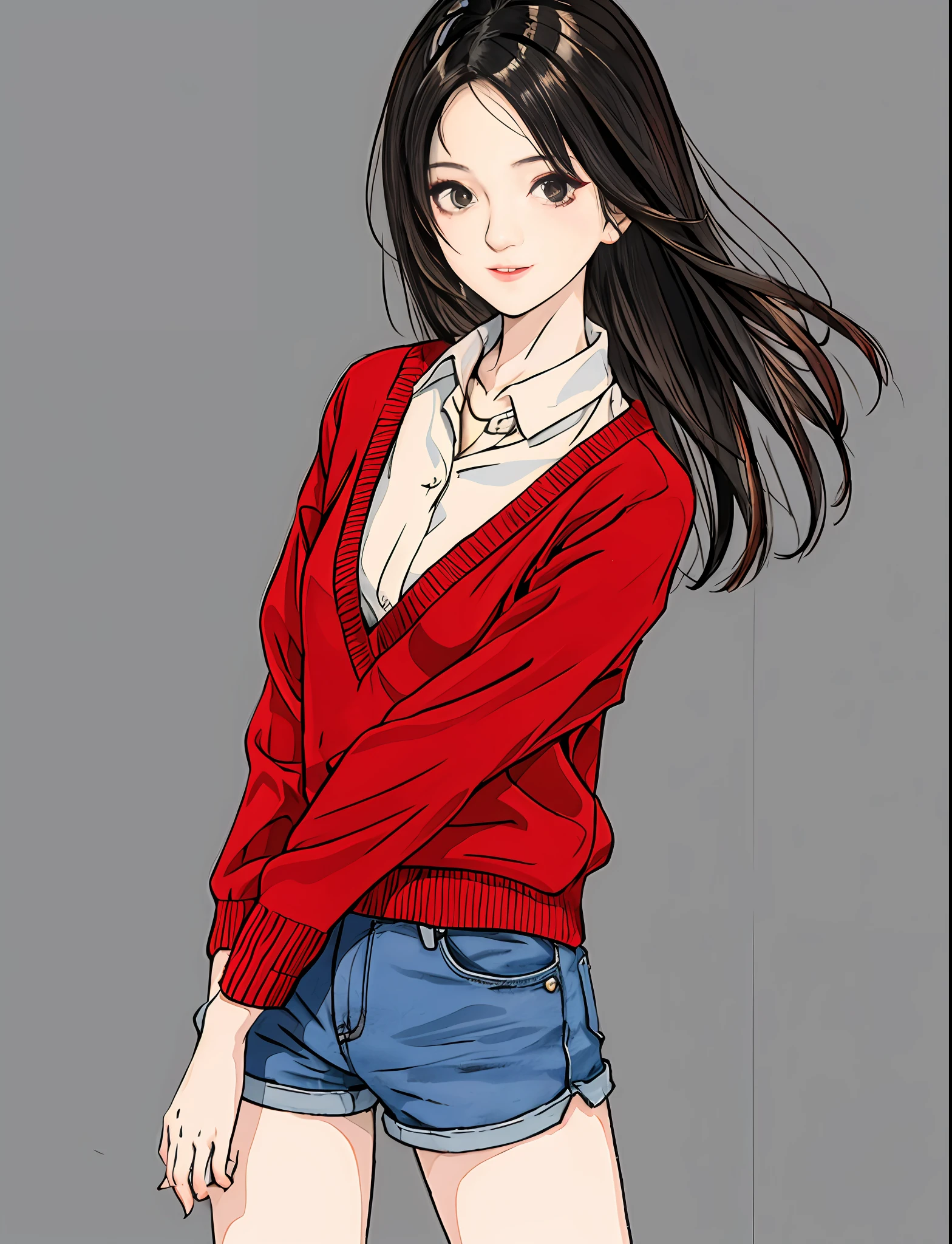 Best Quality, masutepiece, Narrow-eyed, Medium shot portrait of asian woman in cardigan and shorts, frontage, Low camera angle