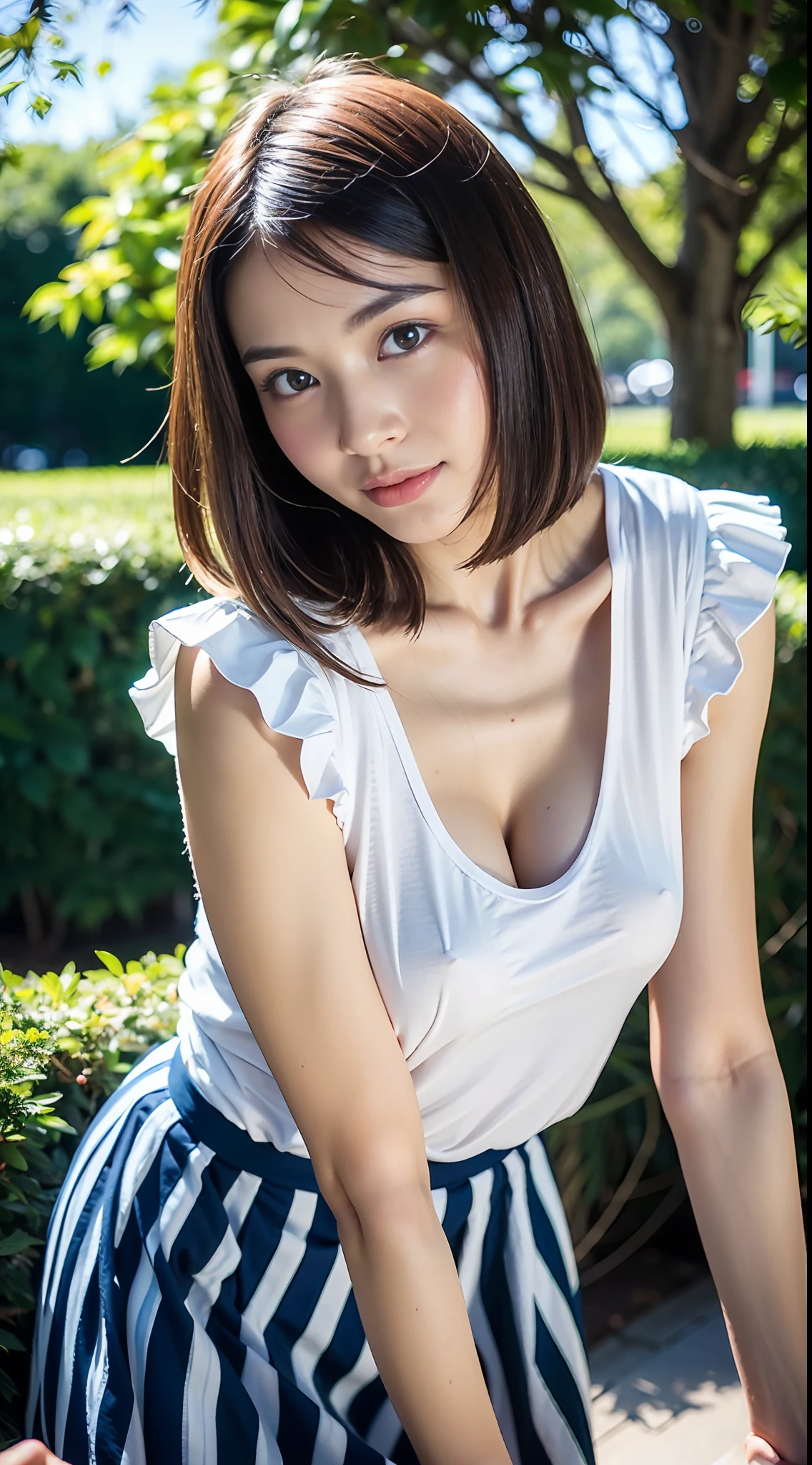 (Best Quality, ​master piece, 超A high resolution, (Photorealsitic:1.4), Raw photo), ( girl in the park、Angle from below、looking down at viewer、 Low position)、very beautiful and shiny thighs,,、Dark blue pleated skirt, White sheer cotton panties、White sailor suit、Colossal tits、small ass、Amazingly cute face, very white and beautiful skin, Realistic hands, Realistic fingers、A detailed eye、Detailed skin、detailed hairs、A dark-haired、Medium bob hair