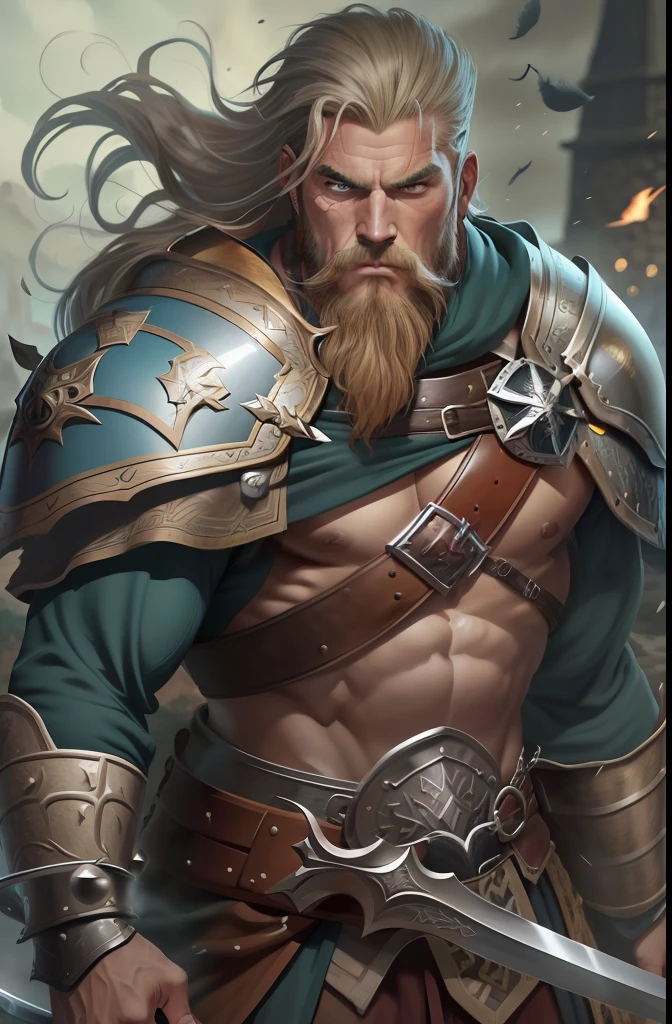 Homem de cabelo loiro e longo, olhos azuis, peitoral gigante, corpo forte, Corpo com muita veia, armadura de viking, espada gigantesca, medieval setting, imagem HD, Imagem limpa, Imagem 4k, alta resolução, obra prima, manga art