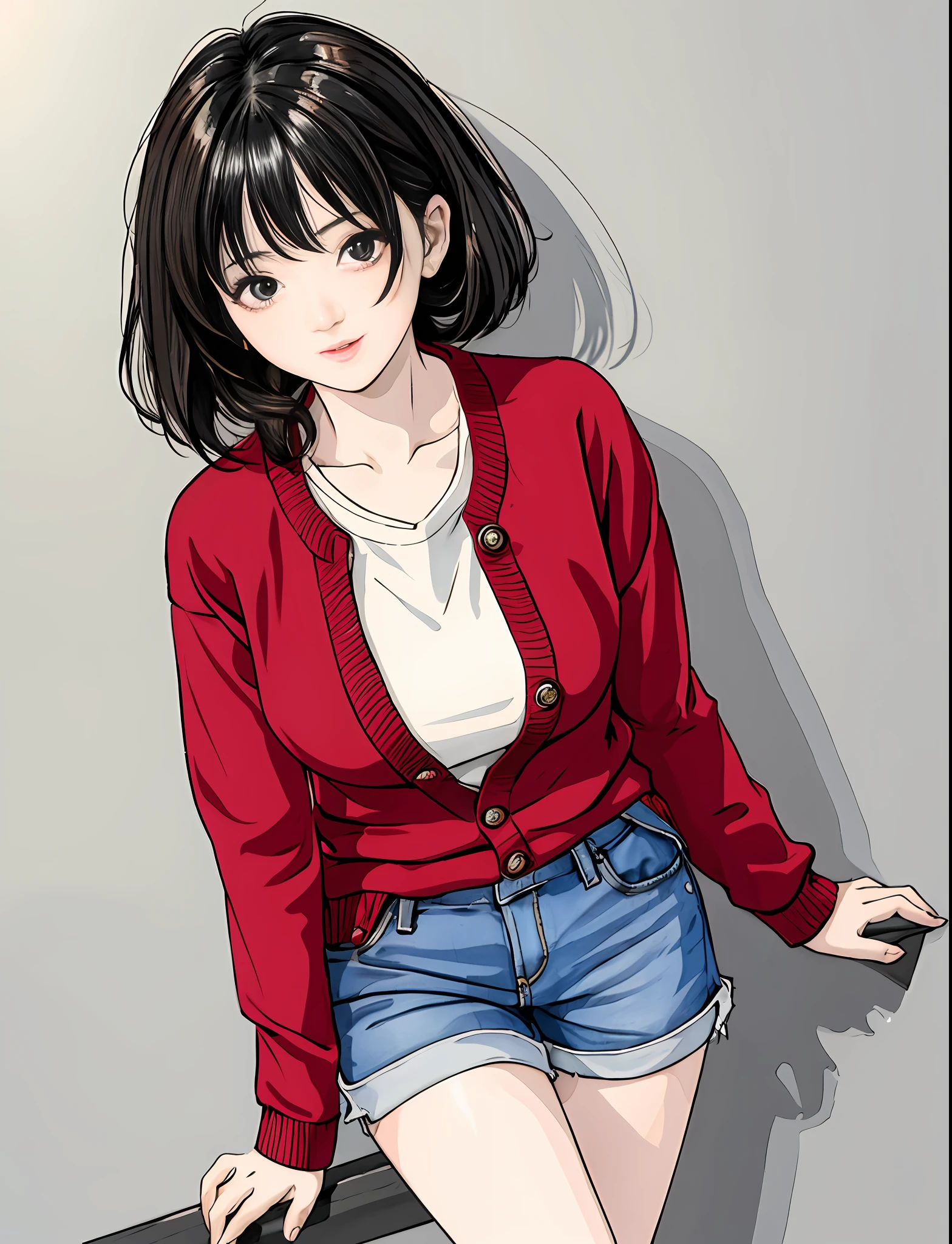 Best Quality, masutepiece, Narrow-eyed, Medium shot portrait of asian woman in cardigan and shorts, frontage, Low camera angle