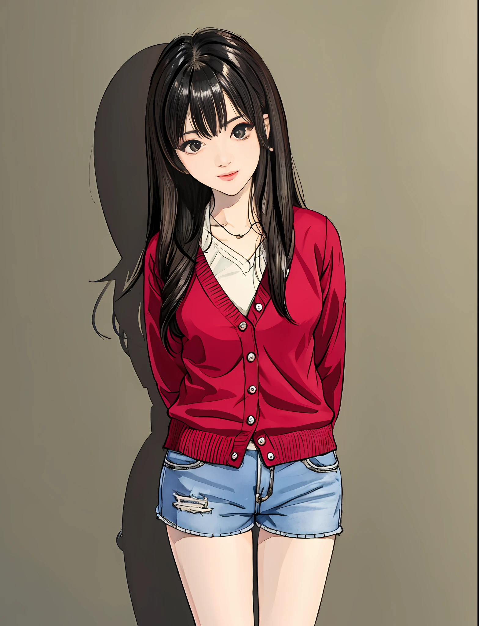 Best Quality, masutepiece, Narrow-eyed, Medium shot portrait of asian woman in cardigan and shorts, frontage, Low camera angle