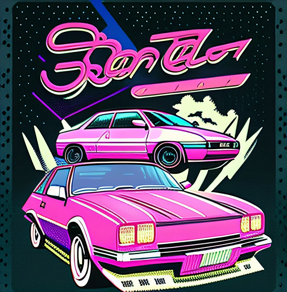 Alafard image of a pink car，There is a pink car on top, outrun art style, 80s poster, 80s beyond, 8 0 - S style poster, art deco outrun anime aesthestic, Beyond style and color, outrun, poster in 8 0 s style, 8 0 movie posters, 8 0 of movie poster art，Vintage illustration，Retro，Graphic illustration，planar