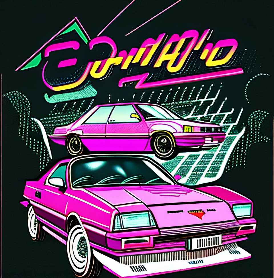 Alafard image of a pink car,There is a pink car on top, outrun art style, 80s poster, 80s beyond, 8 0 - S style poster, art deco outrun anime aesthestic, Beyond style and color, outrun, poster in 8 0 s style, 8 0 movie posters, 8 0 of movie poster art,Vintage illustration,Retro,Graphic illustration,planar
