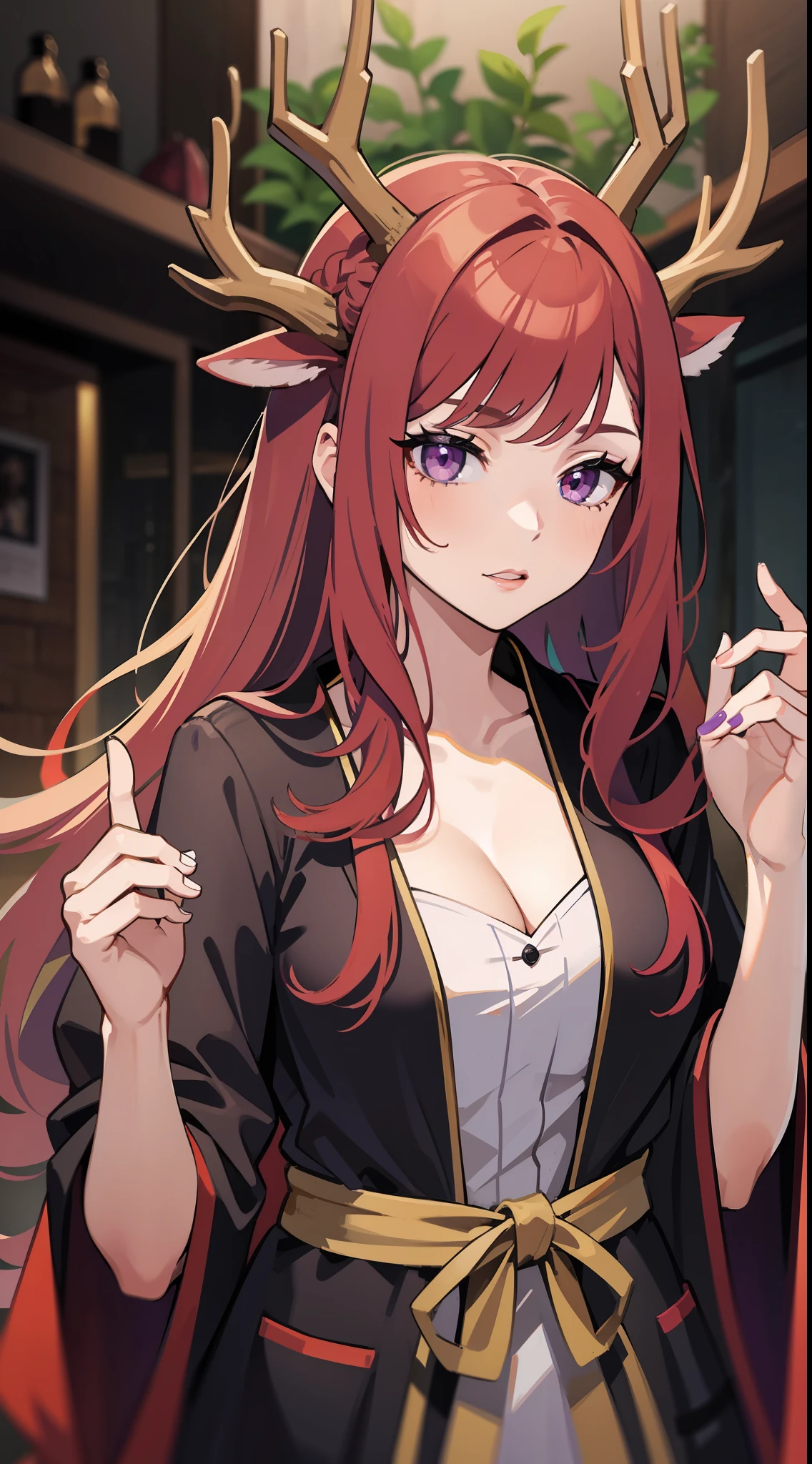 Adult woman, Long red hair with purple ends, deer antlers, violet eyes, Herbalist's robe, Masterpiece, hiquality
