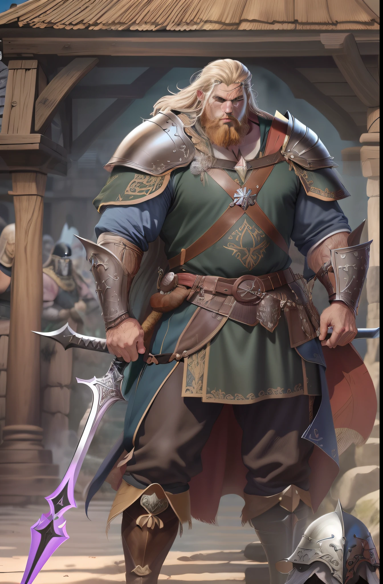 Homem de cabelo loiro e longo, olhos azuis, peitoral gigante, corpo forte, Corpo com muita veia, armadura de viking, espada gigantesca, medieval setting, imagem HD, Imagem limpa, Imagem 4k, alta resolução, obra prima, manga art