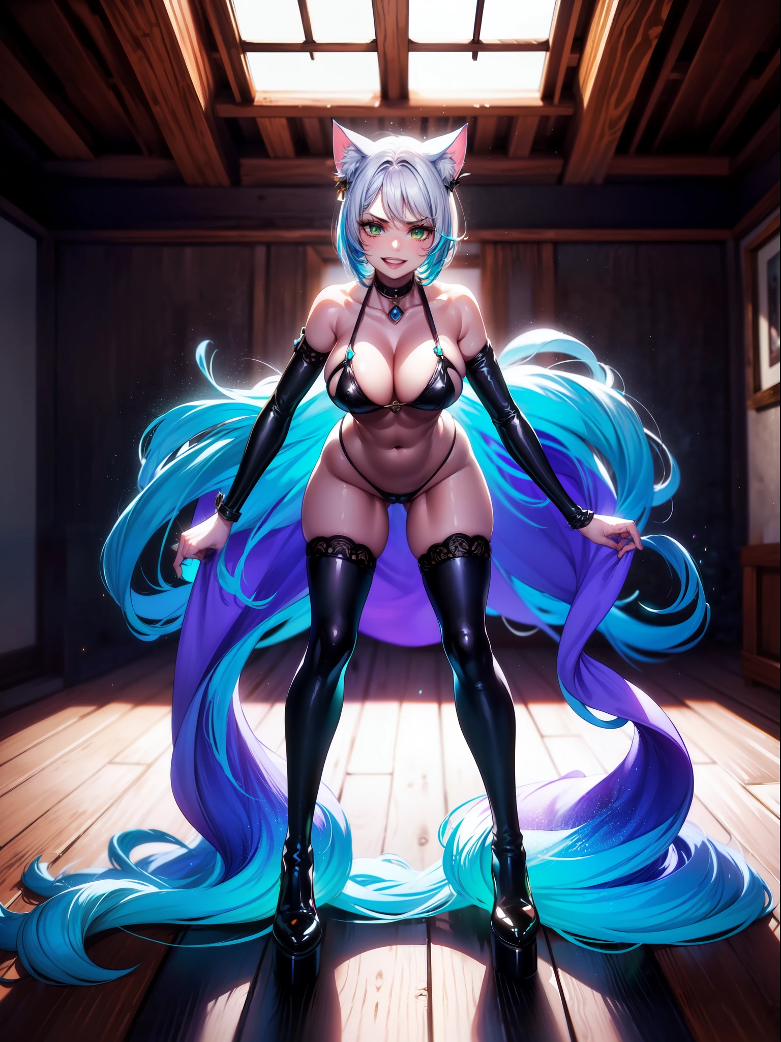{((1 woman))}, ((feline ears, black naughty woman's costume with extremely tight white parts on the body and tight)), ((blue mohawk hair, sparkling green eyes)), ((has extremely large and firm breasts)), only she is ((looking at the viewer, manic smile, making erotic pose showing leaning)), ((in a hotel room, in front of the window, room with several people with different ethnicities, in the middle of a party)), (((full body shot))), 16k, UHD, Better quality, better resolution, better detail