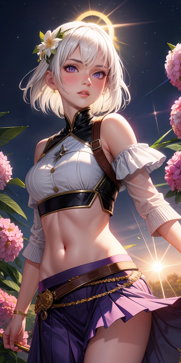 realistic, 1girl, white hair, purple eyes, glowing eyes, crop top, skirt, parted lips, blush, night, flowers, sun, sunlight,