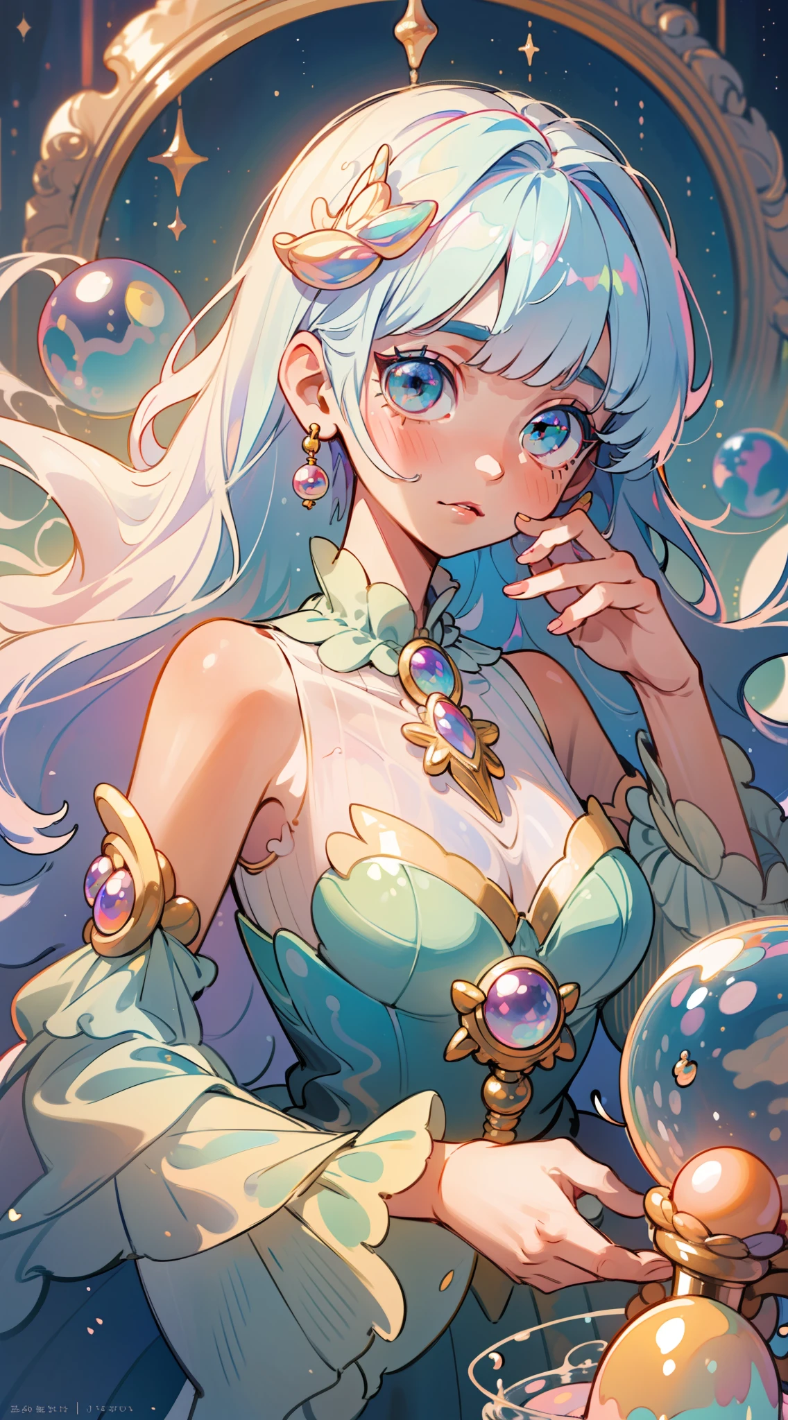 masterpiece, best quality, 8k resolution, sharp focus, intricate detail, beautiful girl, sparkling eyes, golden ratio face, otherworldly liquid, watercolor, pastel colors, bright colors, whimsical, colorful, sharp focus, high resolution, fine detail, princess layered ballgown, ((round eyes)), iridescent bubbles, magical