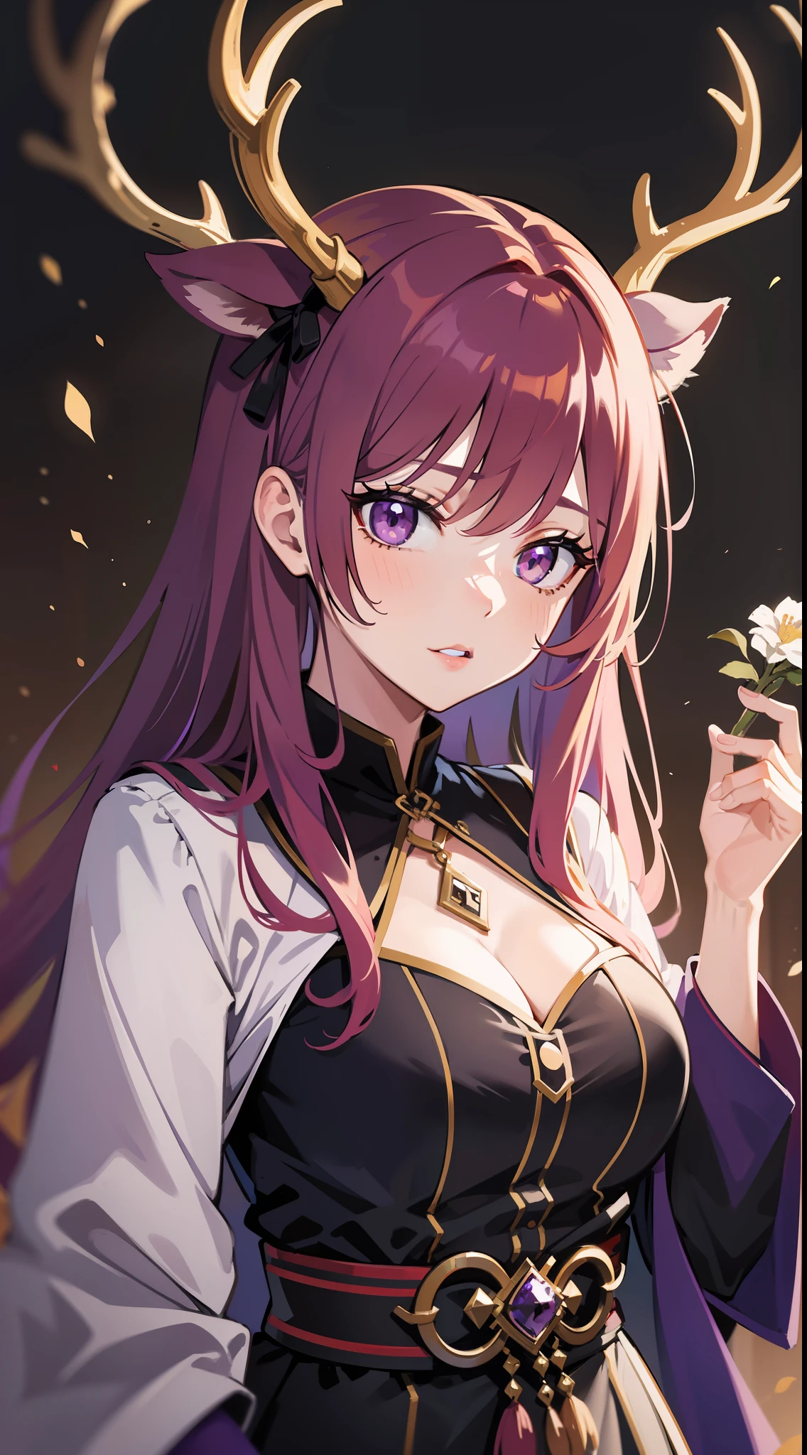Adult woman, Long red hair with purple ends, deer antlers, violet eyes, Herbalist's robe, Masterpiece, hiquality