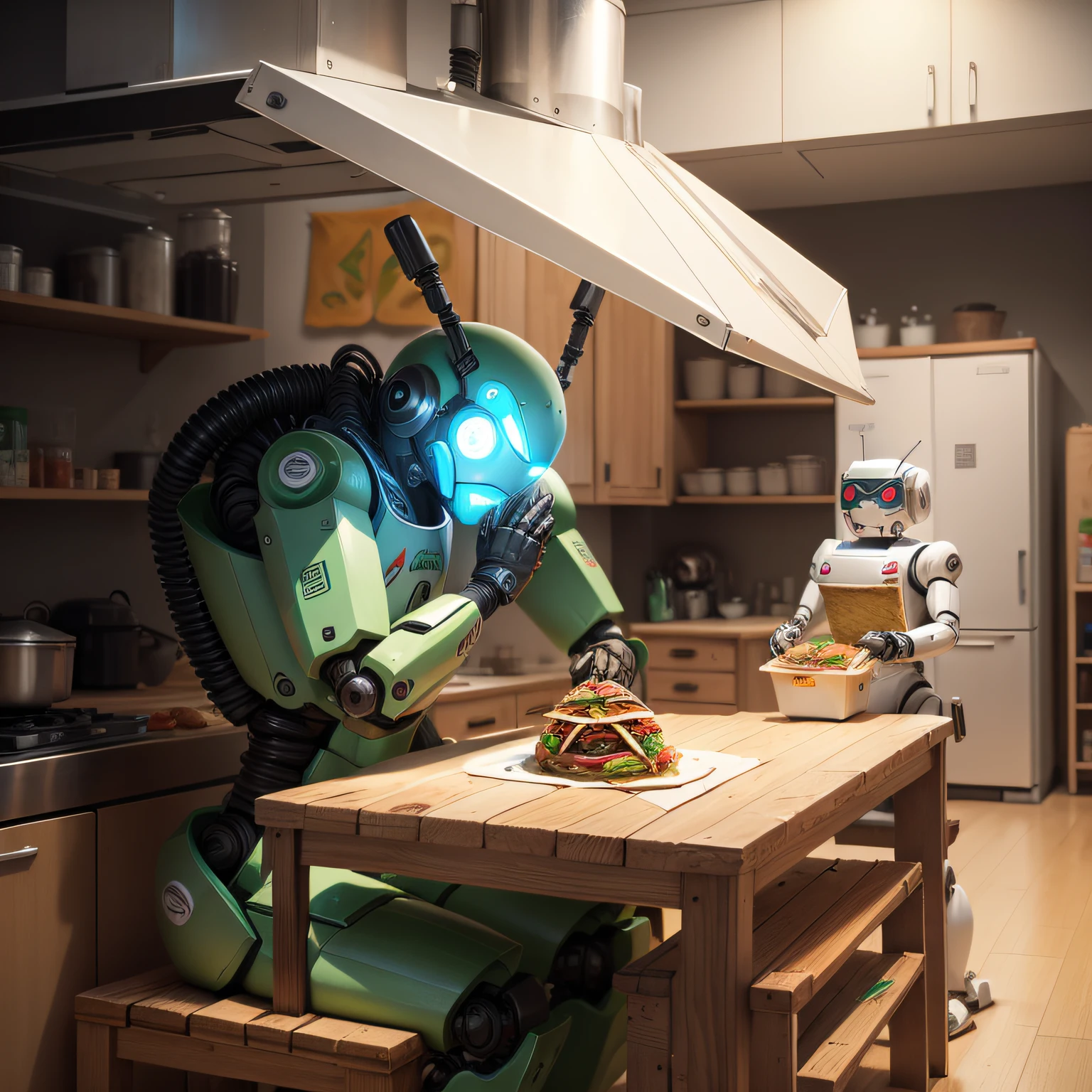 I want robots eating taco inside a kitchen