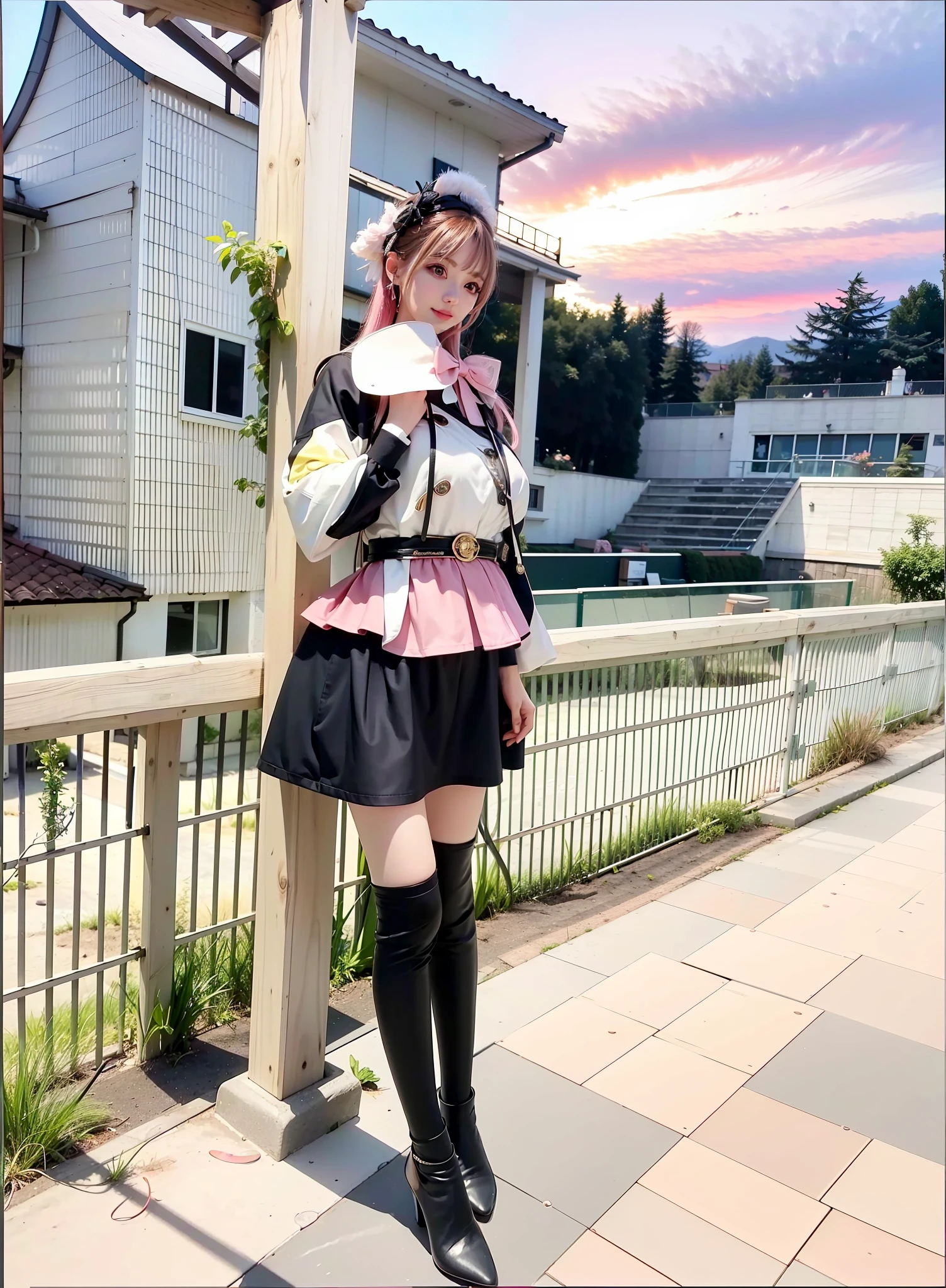 (8K, 4K, Best quality, A high resolution:1.2), (marsterpiece, Realistic, photograph realistic:1.37), 1girll, Solo, Beautiful face, eyeslashes, nase, Glossy lips, (Detailed eyes, view the viewer, Fair skin, White skin:1.5), fine complexion, Upper body,
Large breasts, Busty, , (:1.5),
Outdoor onsen,
two sides up, Absurdly long hair, Blonde hair, Pink hair, bangs, hair adornments, bow,
Younger, aged down,