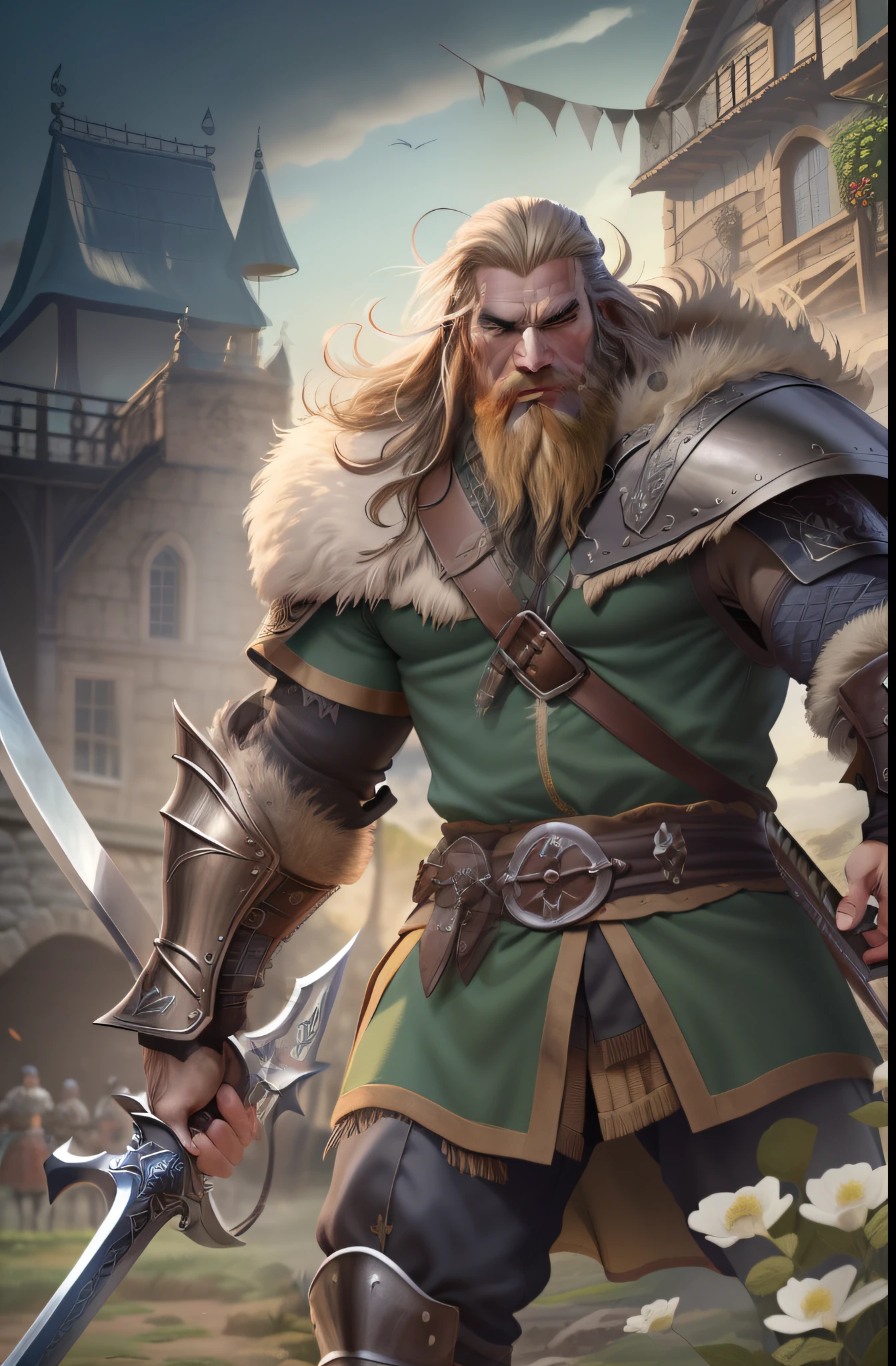 Homem de cabelo loiro e longo, olhos azuis, peitoral gigante, corpo forte, Corpo com muita veia, armadura de viking, espada gigantesca, medieval setting, imagem HD, Imagem limpa, Imagem 4k, alta resolução, obra prima, manga art