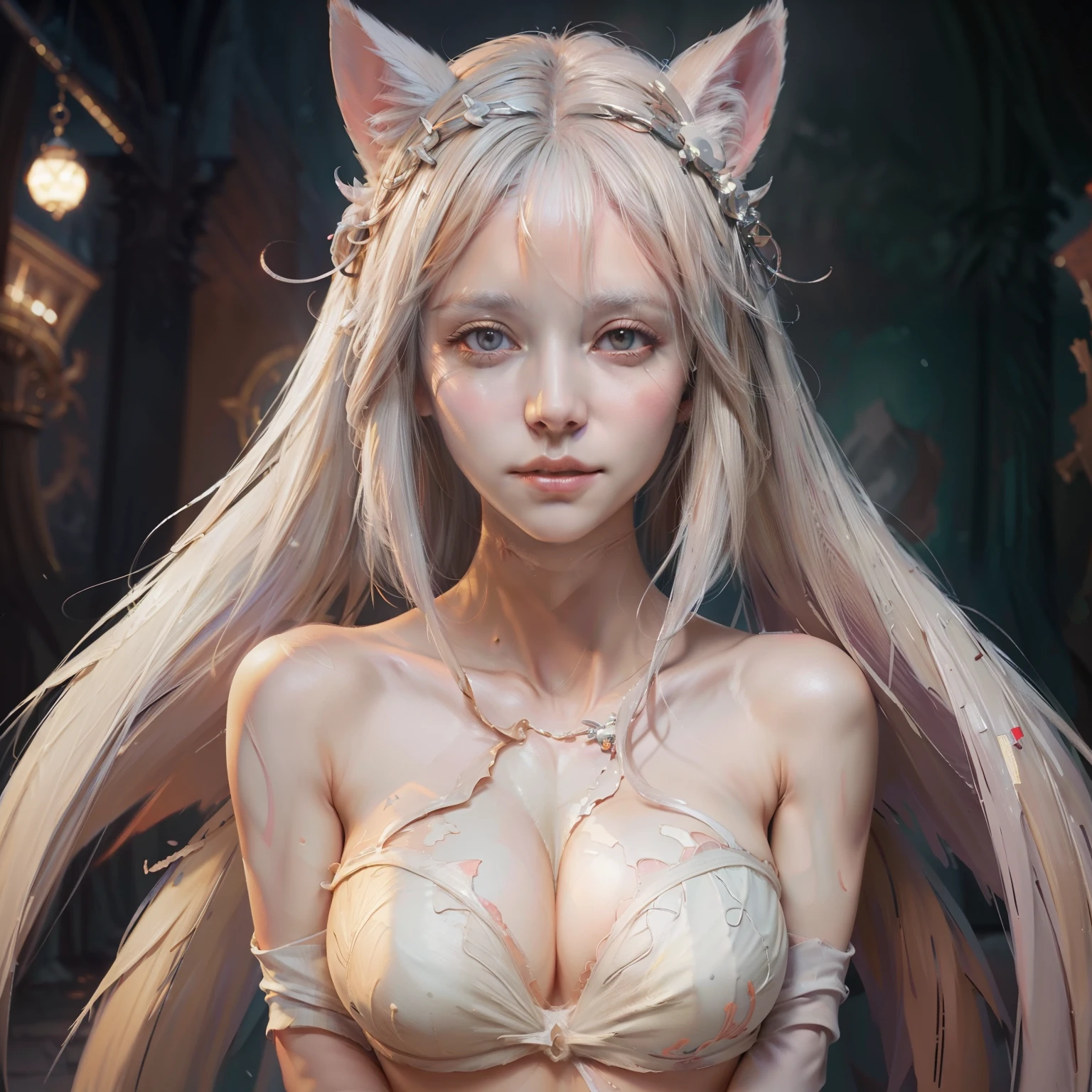 Miss Fox Demon,Fox ears white hair girl,(((8K, RAW photo, Best quality, Masterpiece:1.4))),realisticlying, Best quality, A masterpiece of women, Highly detailed, Half realistic,(Most of the body),(Exquisite facial features, Exquisite facial features),(Extreme closeup:1.49), (sface focus:1.49),(1女孩被soft_Light:1.49 surrounded), (Bigboobs), (illuminating), (tmasterpiece), realisticlying, hdr, highly details, 8K, Yes, RAW photogr, Environmental occlusion, naturey, Harmonious composition, a warm color palette, fine art photography