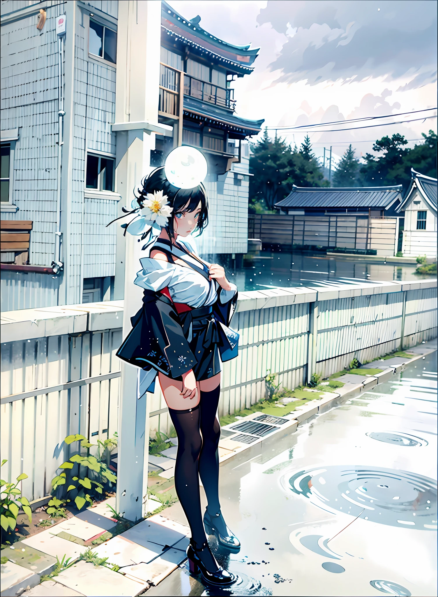 1girl, breasts, moon, lantern, night, solo, large breasts, hair ornament, wet, kimono, japanese clothes, wading, water, hair flower, flower, outdoors, sky, full moon, rain, black hair, off shoulder, mountain, cloud, holding, sash, bare shoulders, paper lantern, standing, white kimono, night sky, sideboob, obi, wet clothes, bangs, tree, from side, reflection, short hair, cloudy sky, wet hair (((masterpiece),(extremely detailed CG unity 8k wallpaper),best quality,,solo,1girl,cinematic lighting,detailed background,beautiful detailed eyes,bright pupils, (an extremely delicate and beautiful),(Beautiful and detailed eye description), ultra-detailed,masterpiece,)),