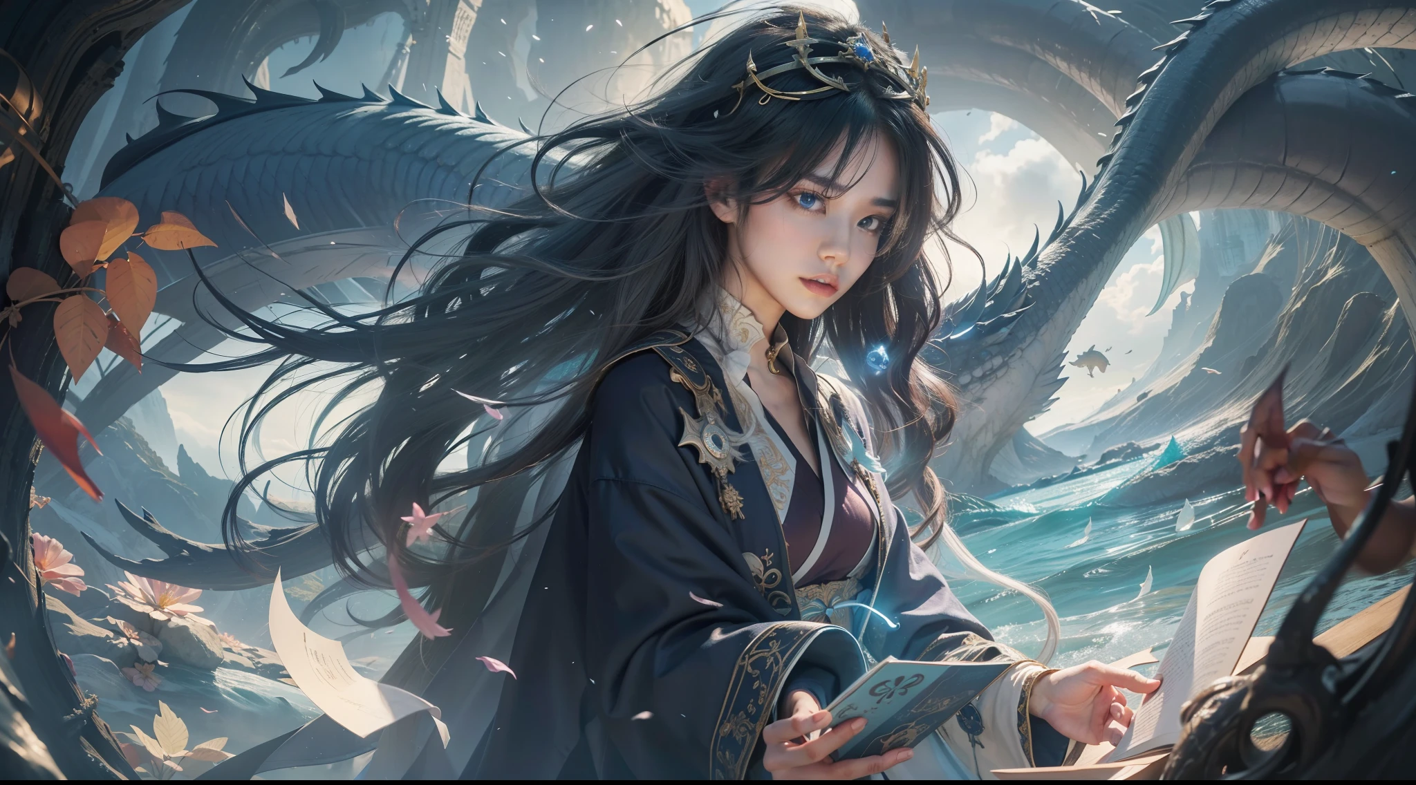 Magic Book,Blood,Night, Dark, (Fantasy),infinite,deep blue sky,The abyss of knowledge,Cowledge,((masutepiece)), (((Best Quality))),((Beautiful fine eyes)),(Eye lashes)、Very beautiful face、Beautiful girl riding a giant sea dragon、(女の子1人)、Black hair、The long-haired、abyss eyes、glowy skin、oils、small tits、Perfect human body structure、Wizard robes、tattered cloth、Realistic coat、Teenchi、Super delicate CG Unity 32k wallpaper、masterpiece, ((ultra-detailliert)), ((illustratio)),colourfull,wall-paper,The energy,Unknown terror,Incomprehensible,Around the magic,Magical surroundings,magic wands,Boken,Flying pages,Know everything,Predict the future、Get to know the past、Infinite wisdom、blue flames、Warlock、magic circles、Pentagram、Spells、mantra、Singing magic