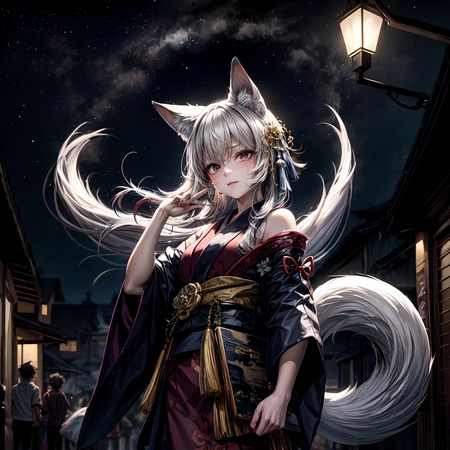 (Masterpiece, best quality), fox spirits, fox youkai, fox, on the sky, night sky, outside, night
