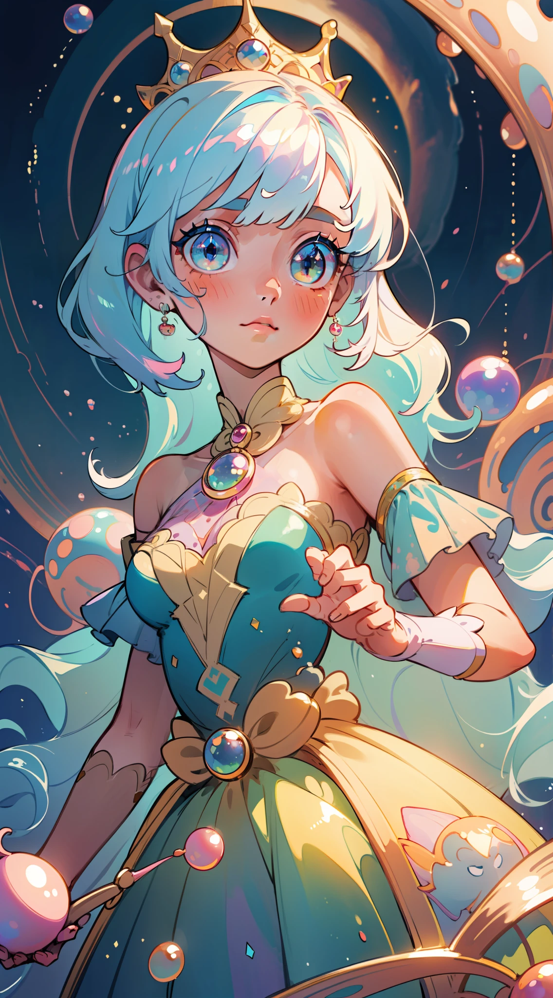 masterpiece, best quality, 8k resolution, sharp focus, intricate detail, beautiful girl, sparkling eyes, golden ratio face, otherworldly liquid, watercolor, pastel colors, bright colors, whimsical, colorful, sharp focus, high resolution, fine detail, princess layered ballgown, ((round eyes)), iridescent bubbles, magical